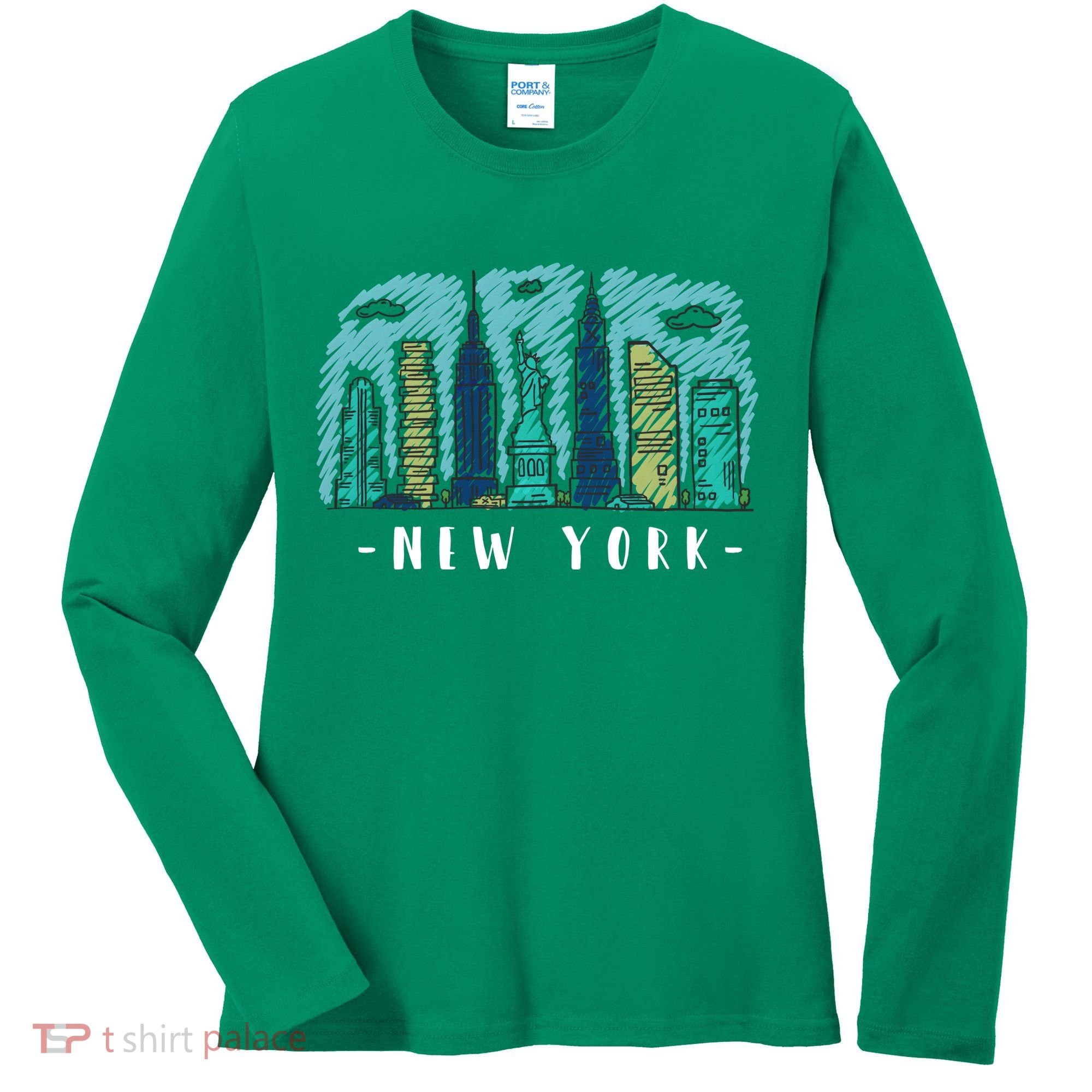 New York Cartoon Style Illustration Women's Long Sleeve Shirt