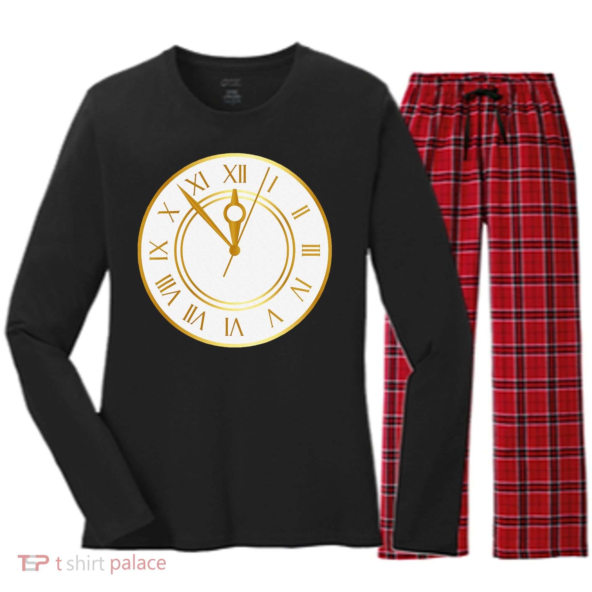 New YearS Eve Clock Women's Long Sleeve Flannel Pajama Set 