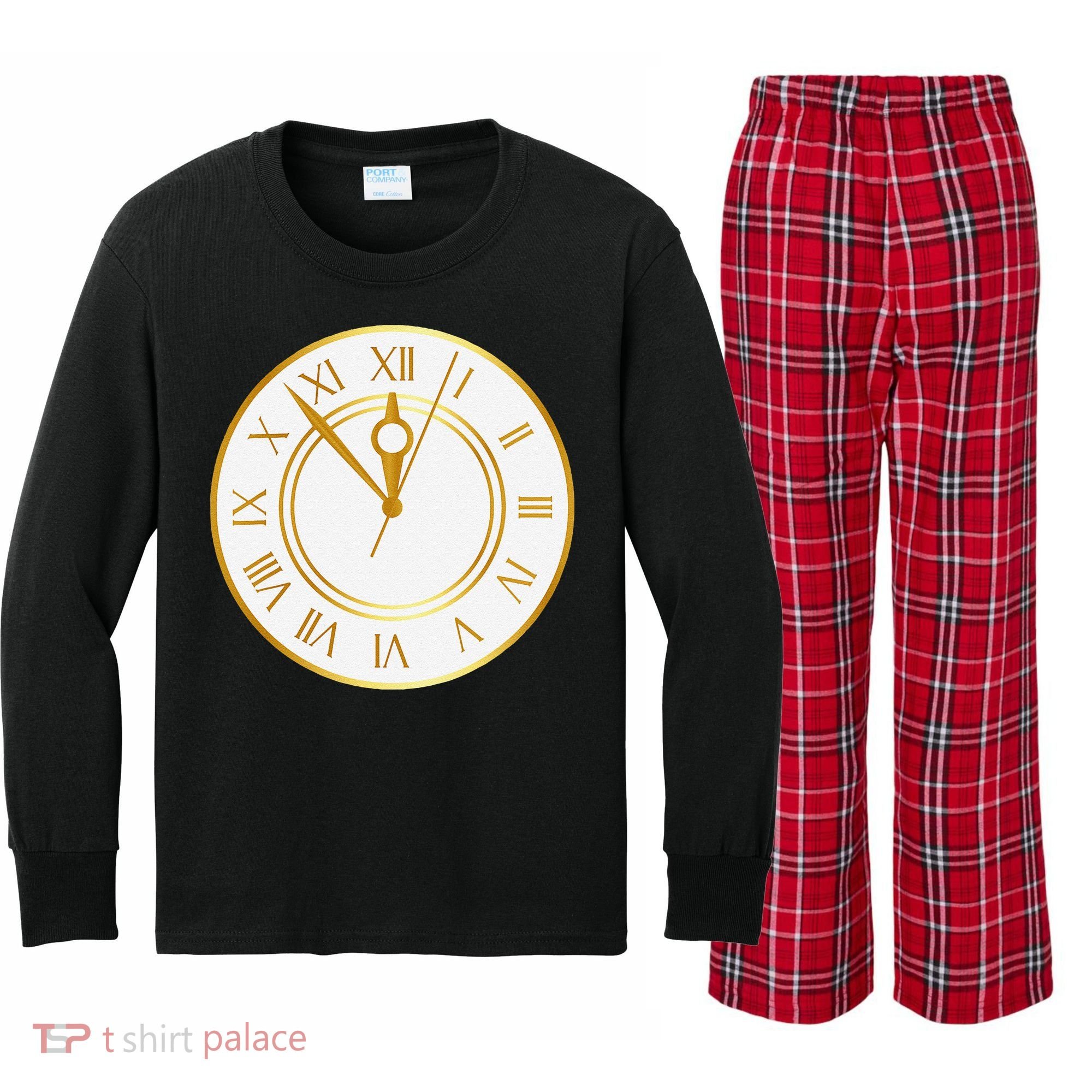 New YearS Eve Clock Kids Long Sleeve Plaid Pajama Set