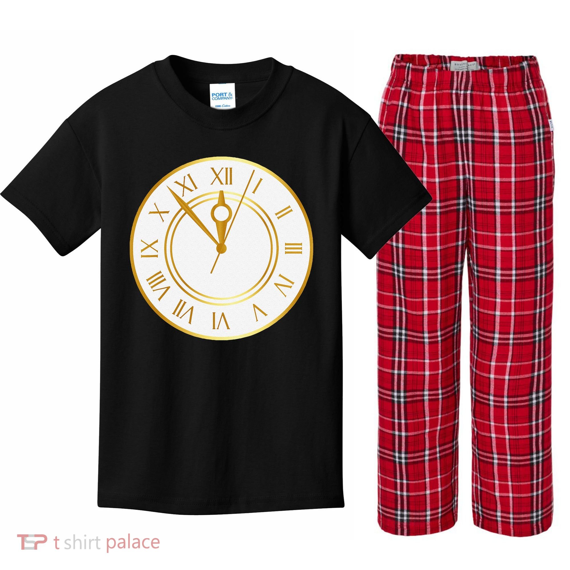 New YearS Eve Clock Kids Plaid Pajama Set