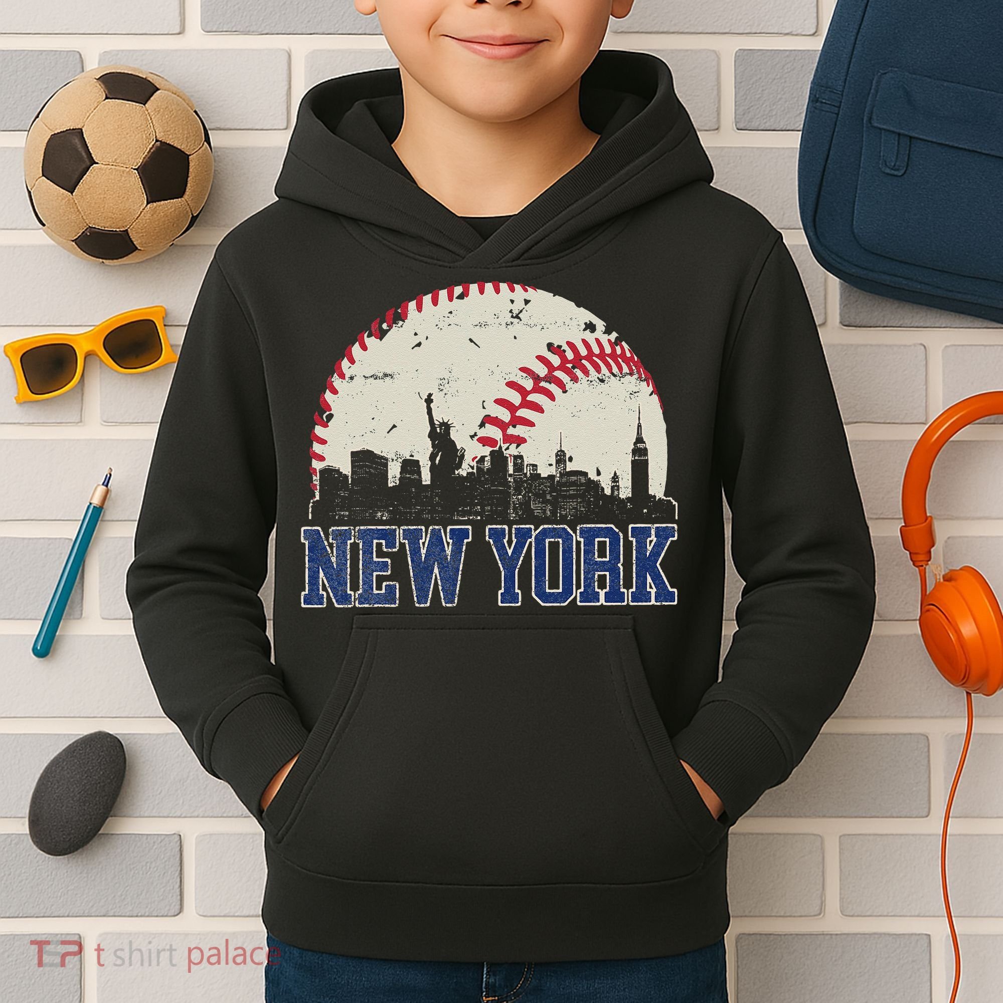 New York Retro Baseball Lover Met At Game Day Kids Hoodie