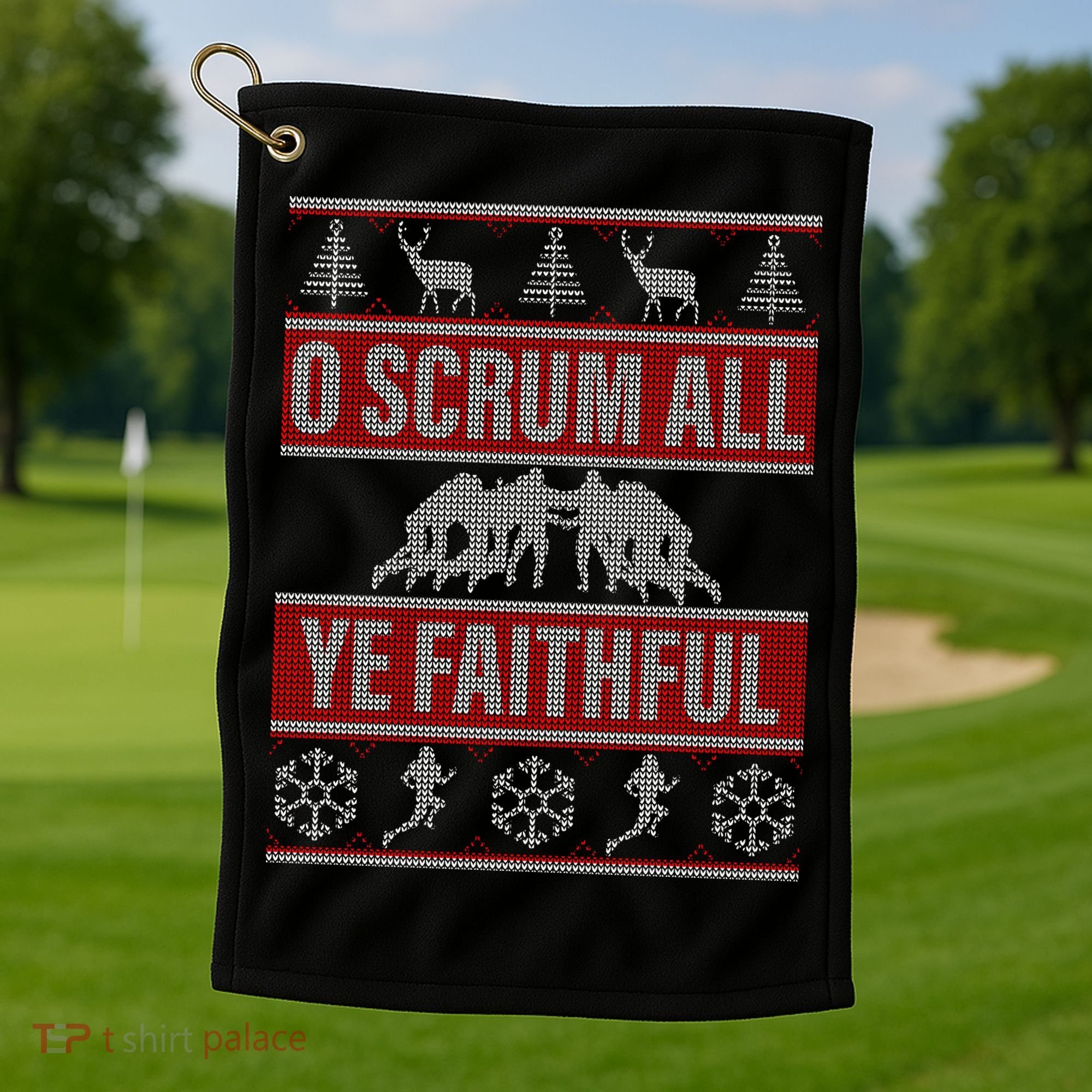 O Scrum All Ye Faithful Ugly Christmas Sweater Golf Towel