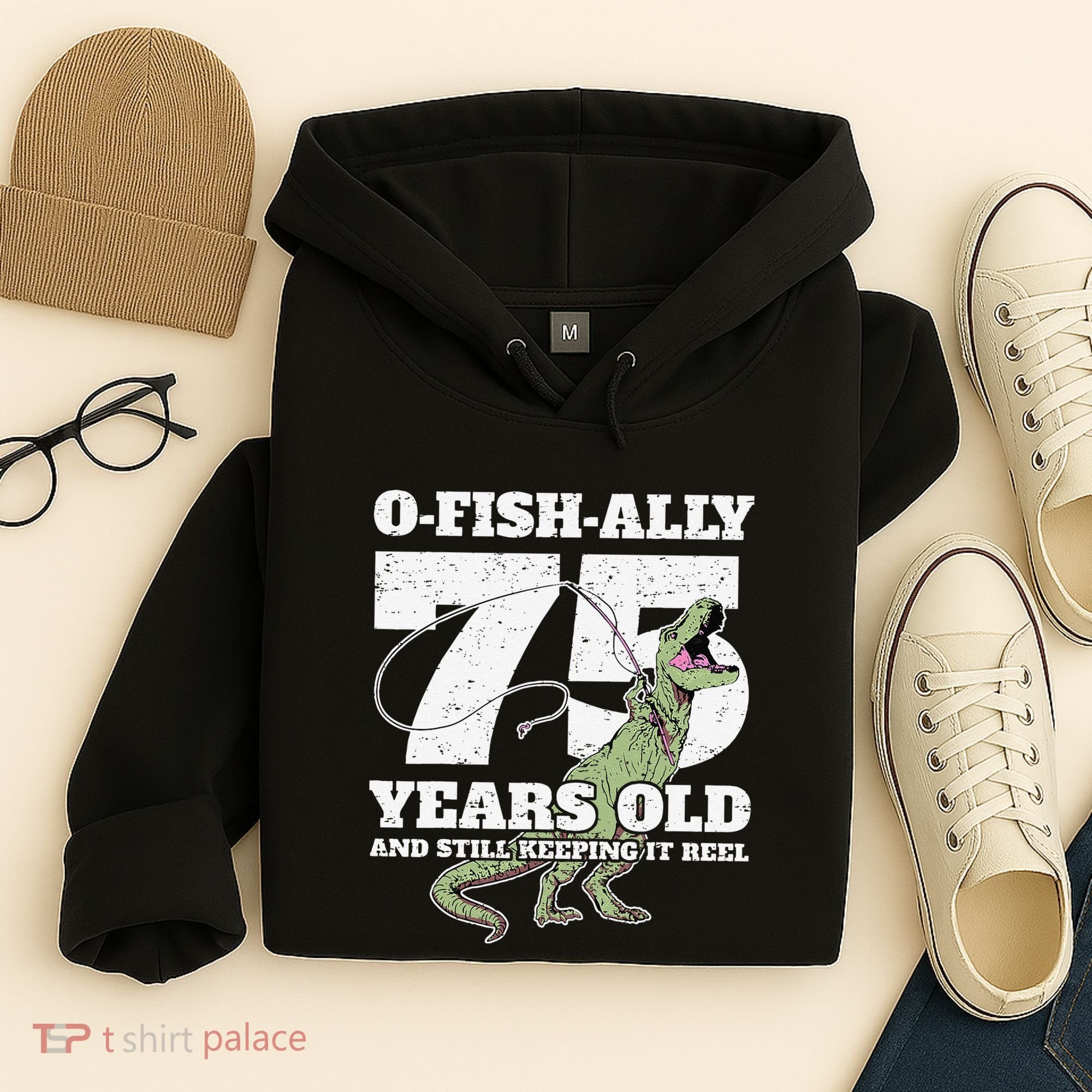 OFishAlly 75 Years Old Fishing Dinosaur 75th Birthday Hoodie
