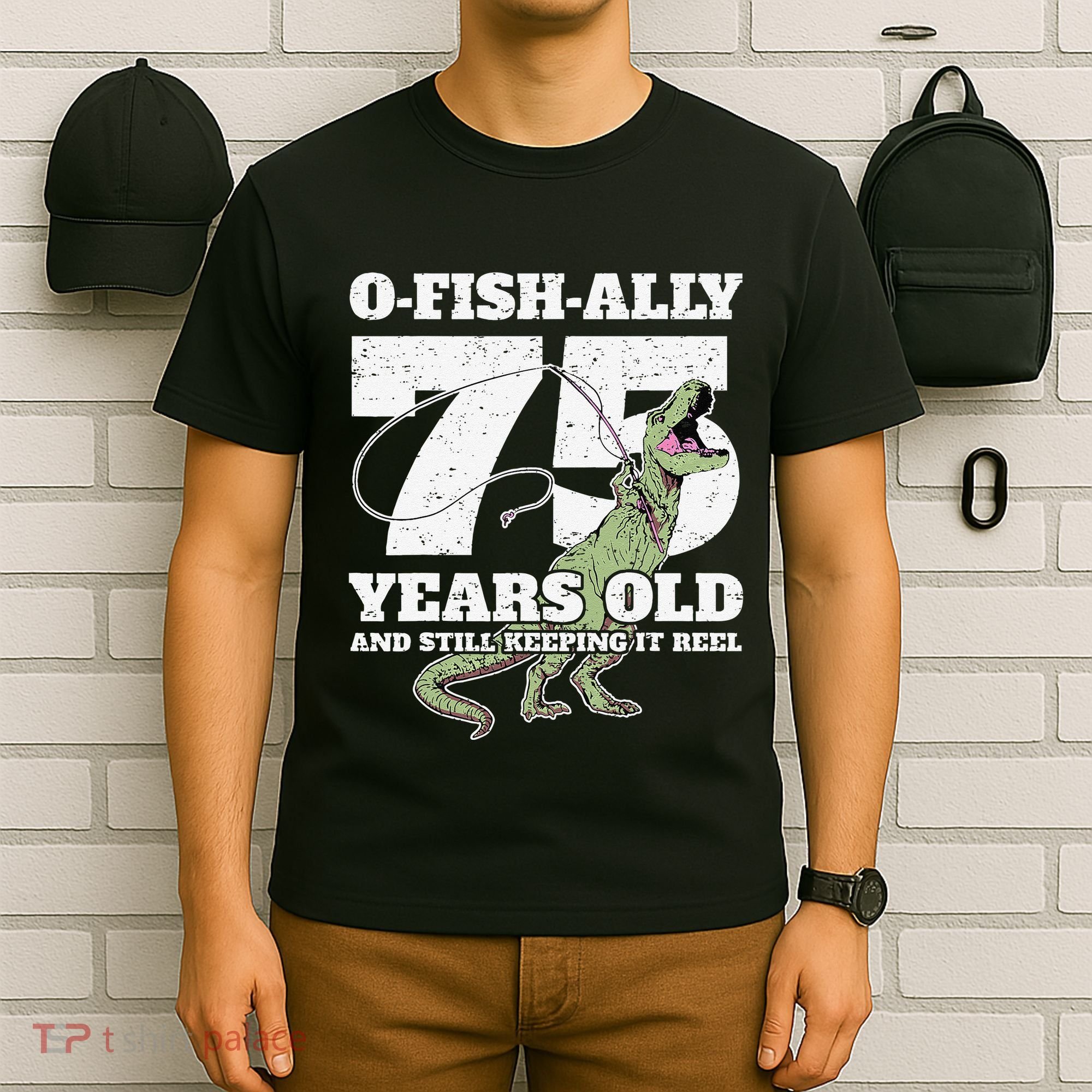 OFishAlly 75 Years Old Fishing Dinosaur 75th Birthday T-Shirt