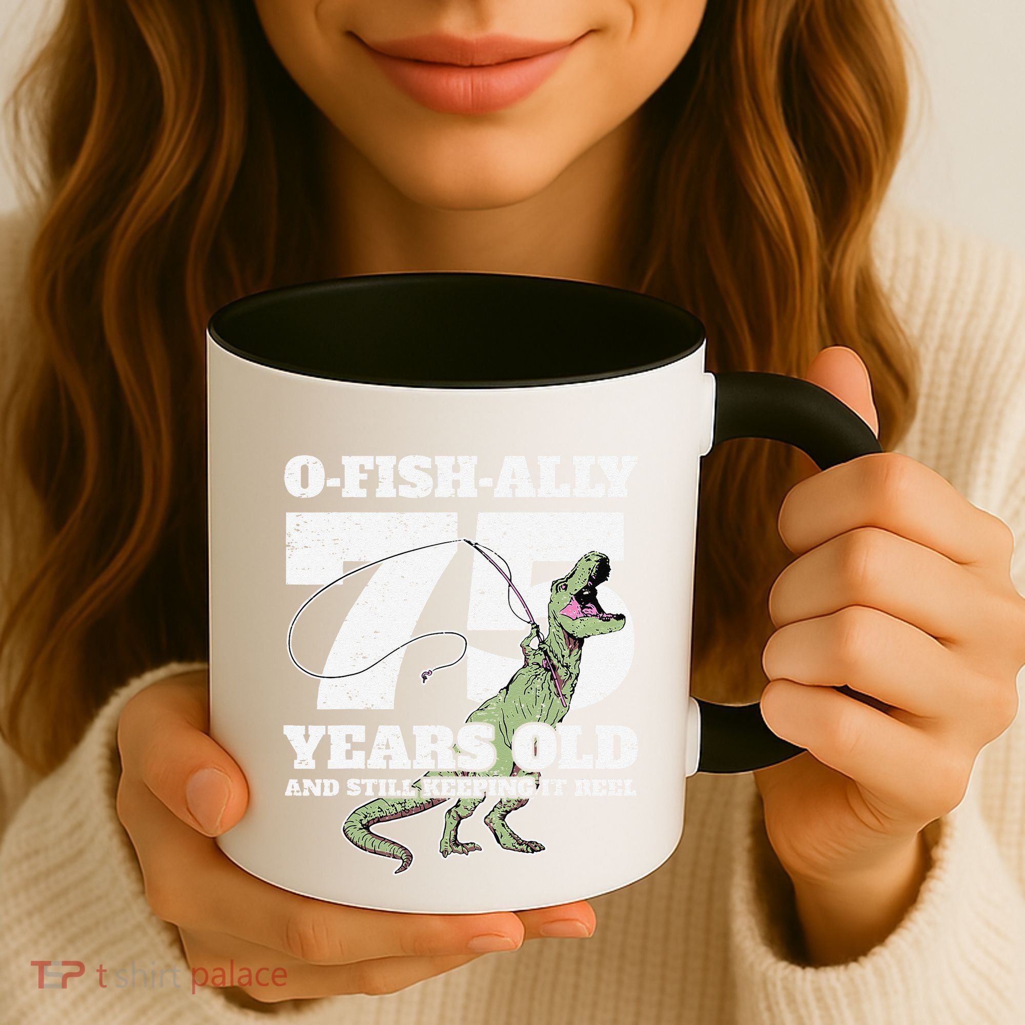 OFishAlly 75 Years Old Fishing Dinosaur 75th Birthday Coffee Mug