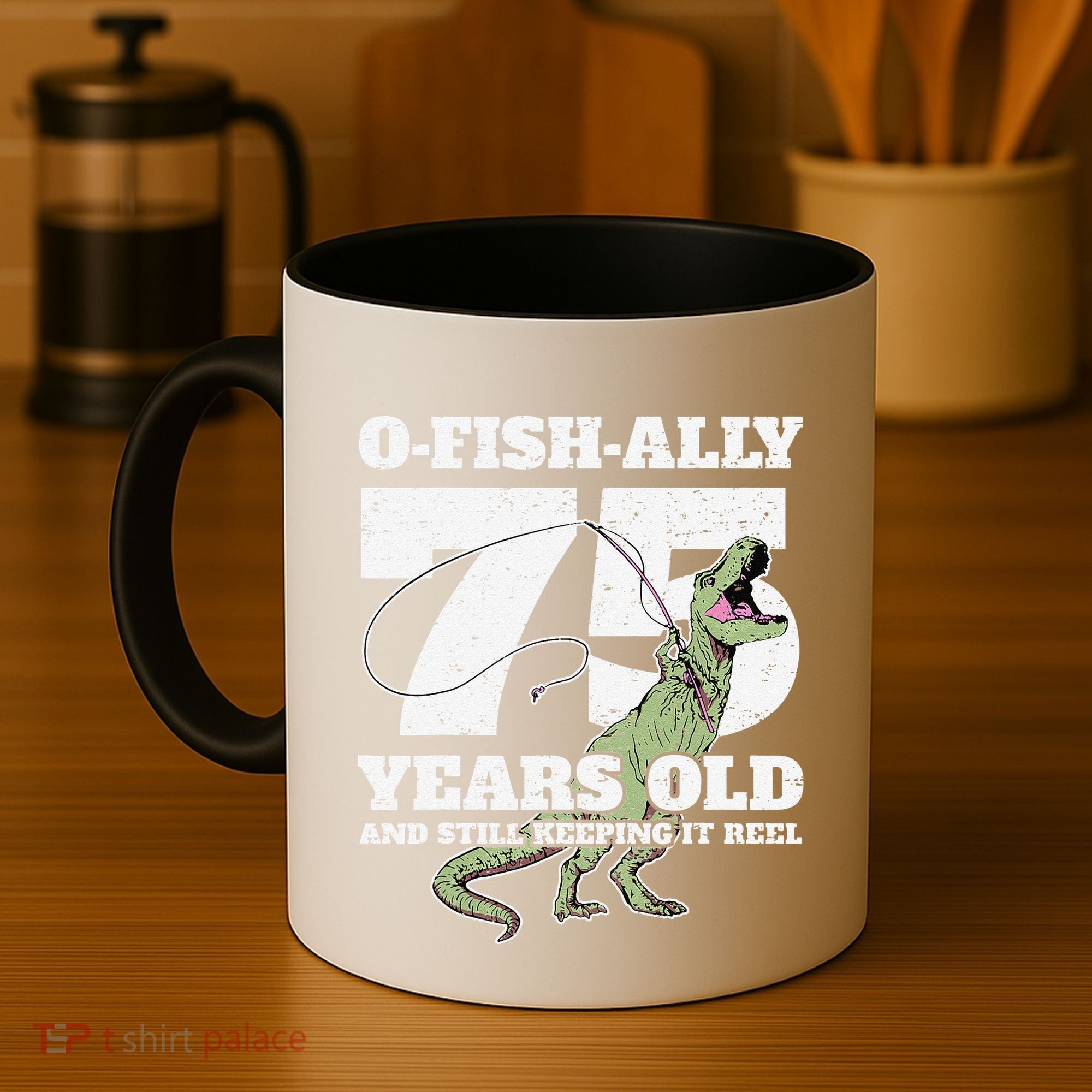 OFishAlly 75 Years Old Fishing Dinosaur 75th Birthday Coffee Mug