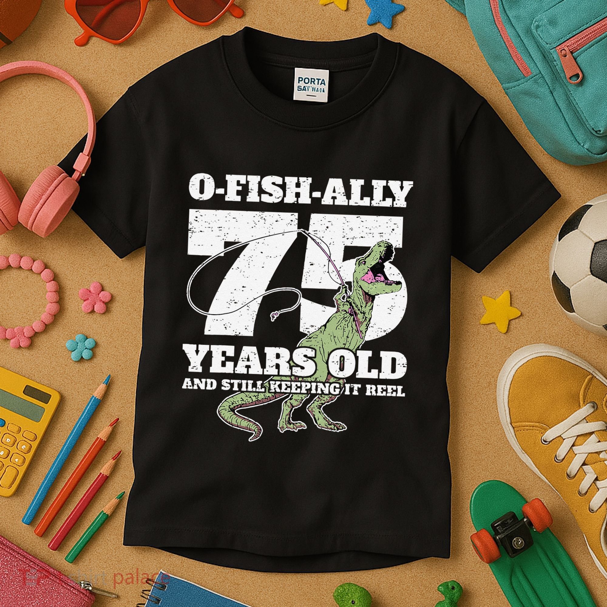 OFishAlly 75 Years Old Fishing Dinosaur 75th Birthday Kids T-Shirt