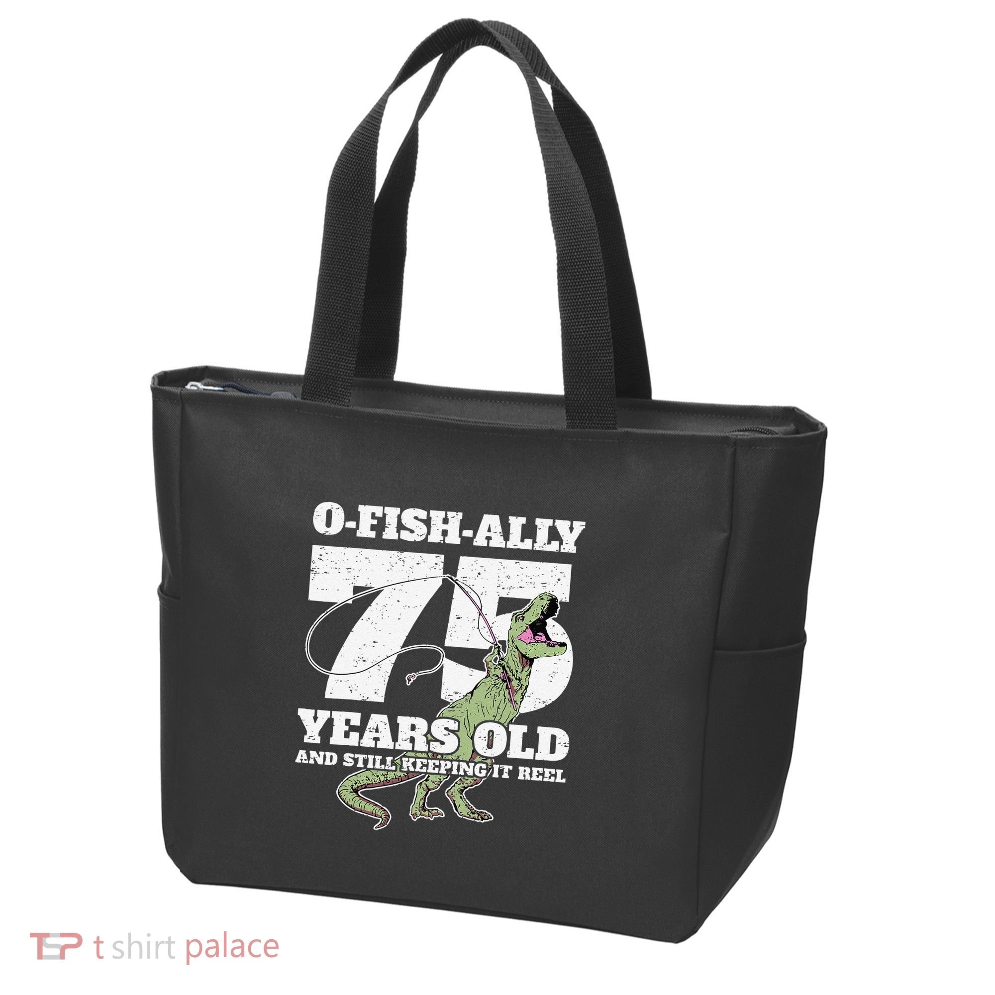 OFishAlly 75 Years Old Fishing Dinosaur 75th Birthday Tote Bag