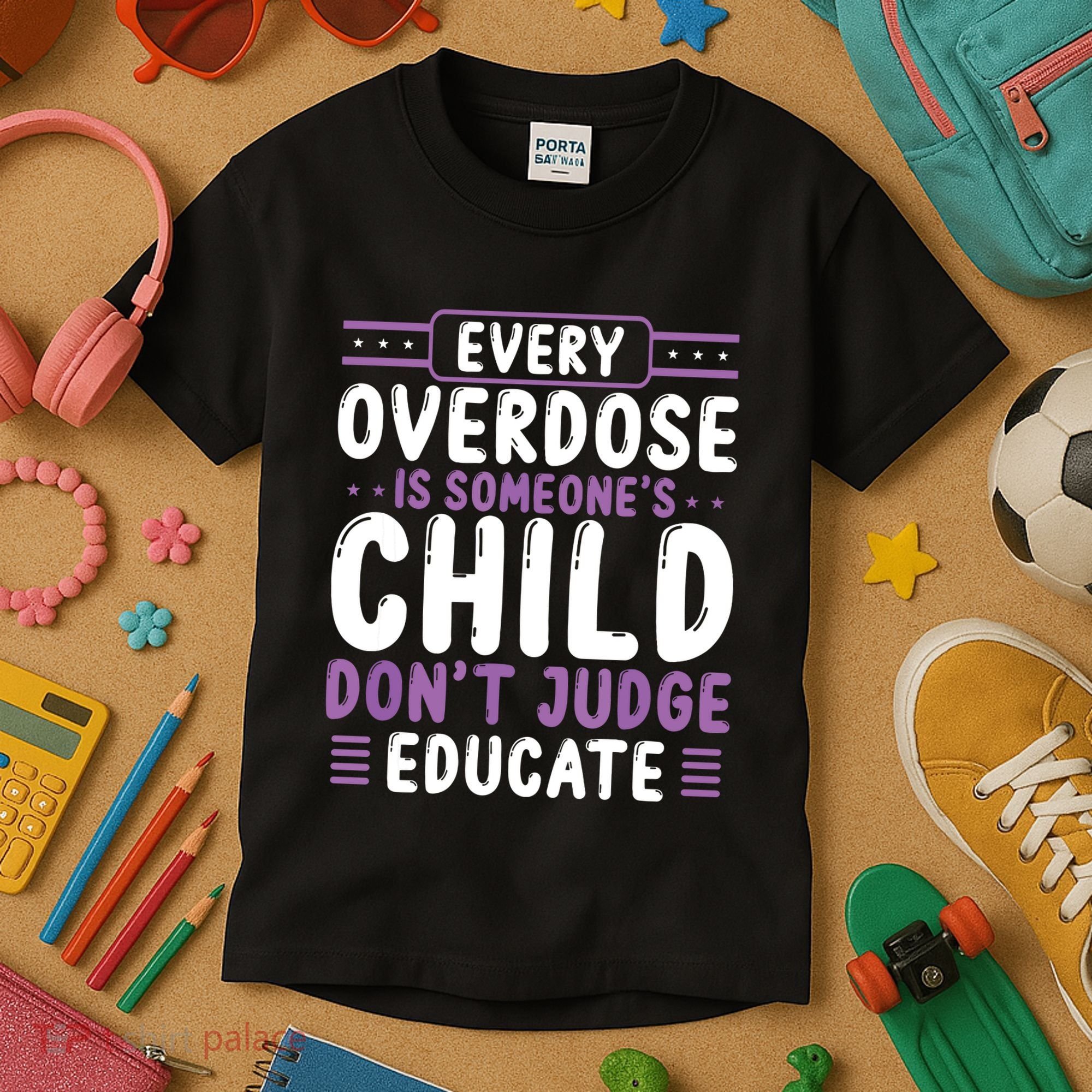 Overdose Awareness Dont Judge Educate Purple Ribbon Kids T-Shirt