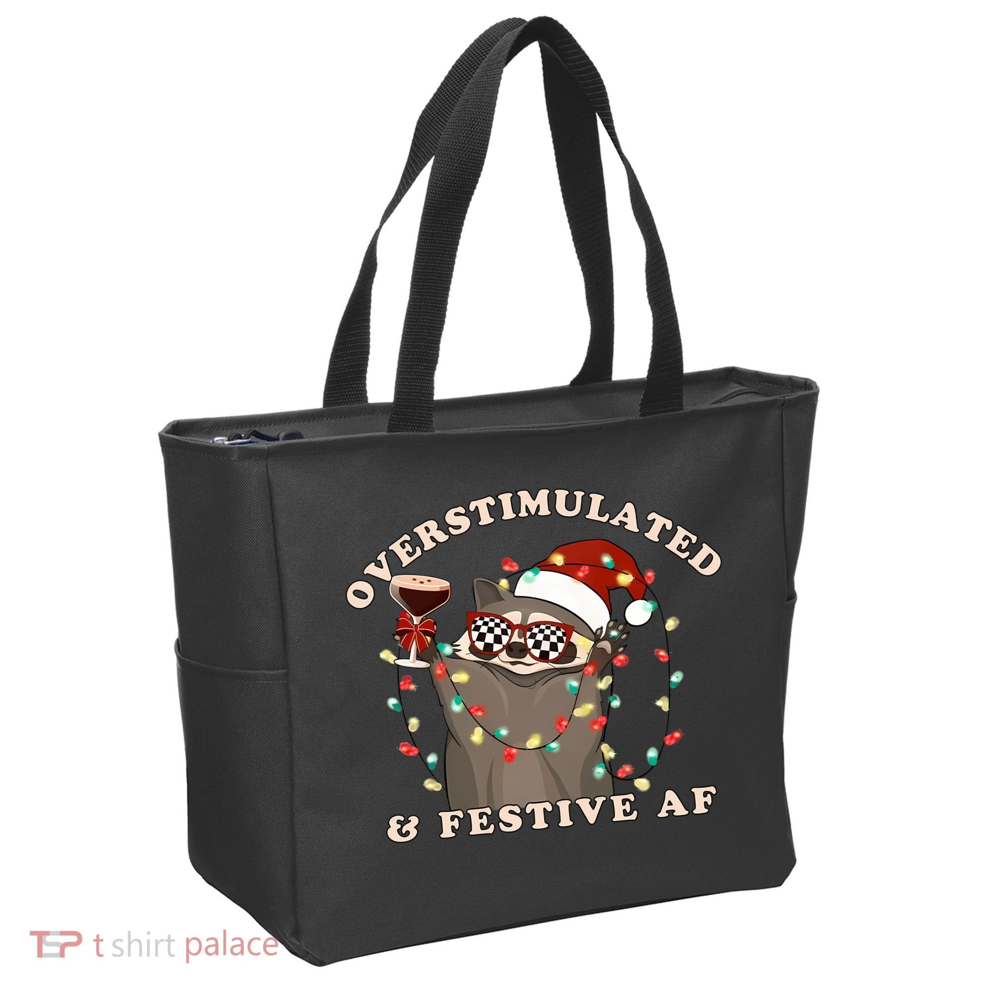 Overstimulated And Festive Af Raccoon Christmas Sweatshirt Tote Bag