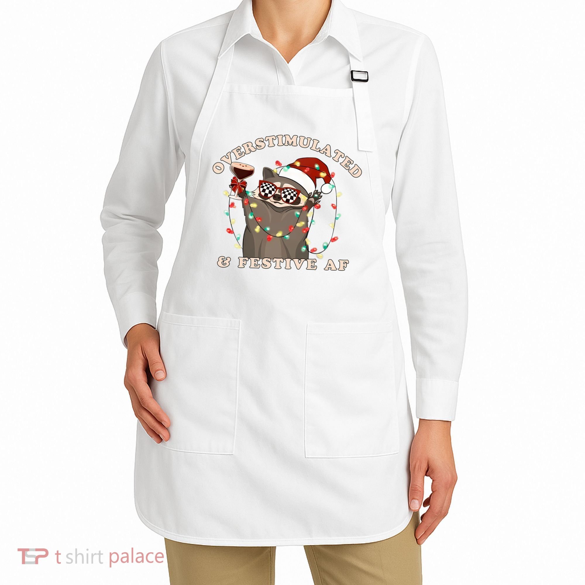 Overstimulated And Festive Af Raccoon Christmas Sweatshirt Apron