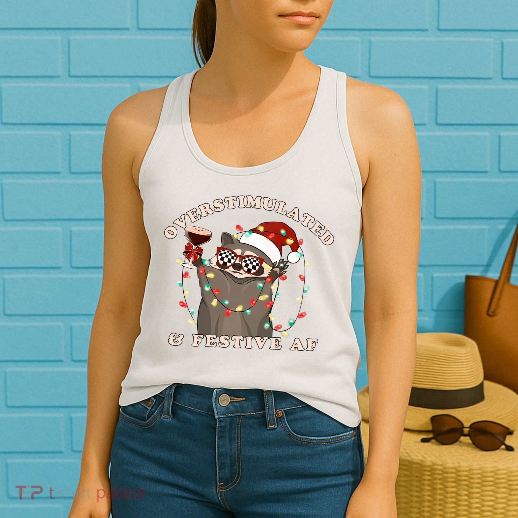 Overstimulated And Festive Af Raccoon Christmas Sweatshirt Women's Tank Top
