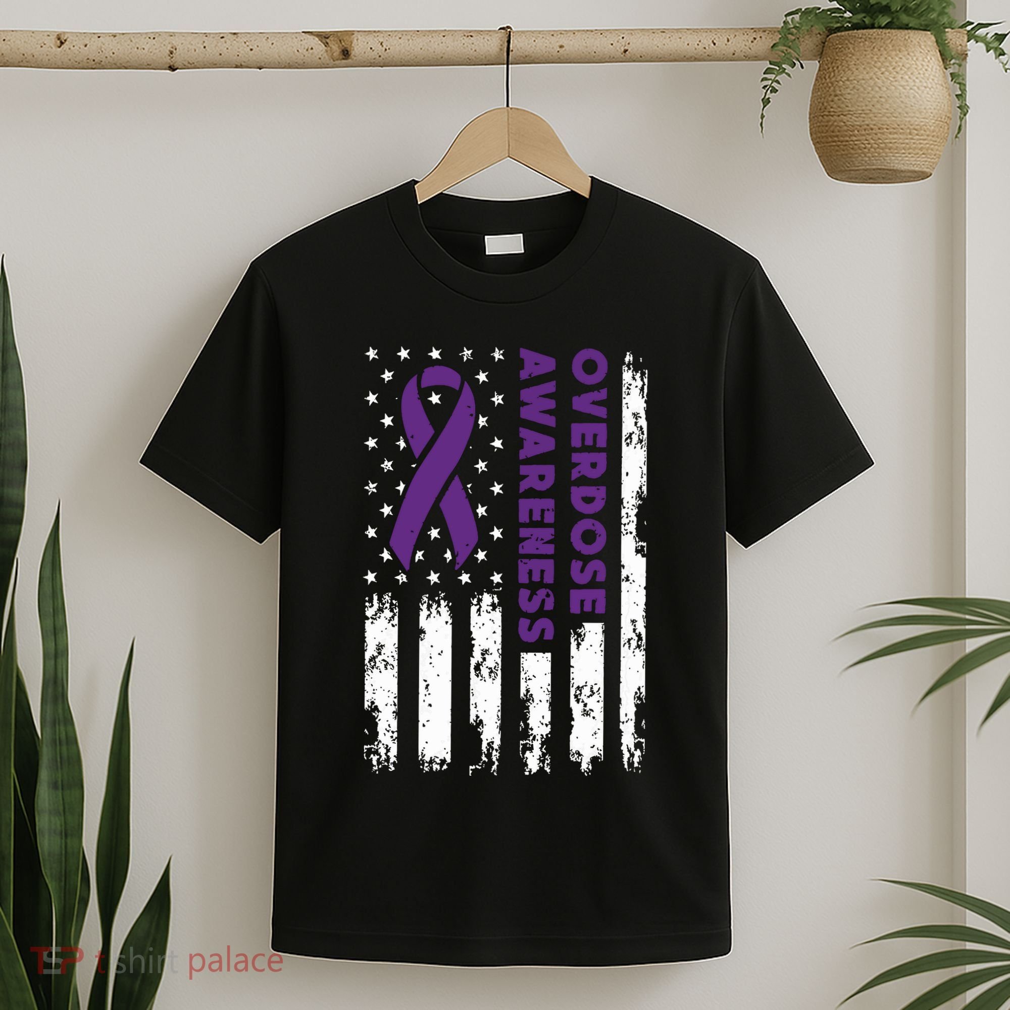 Overdose Awareness Flag Purple Ribbon Addiction Recovery T-Shirt
