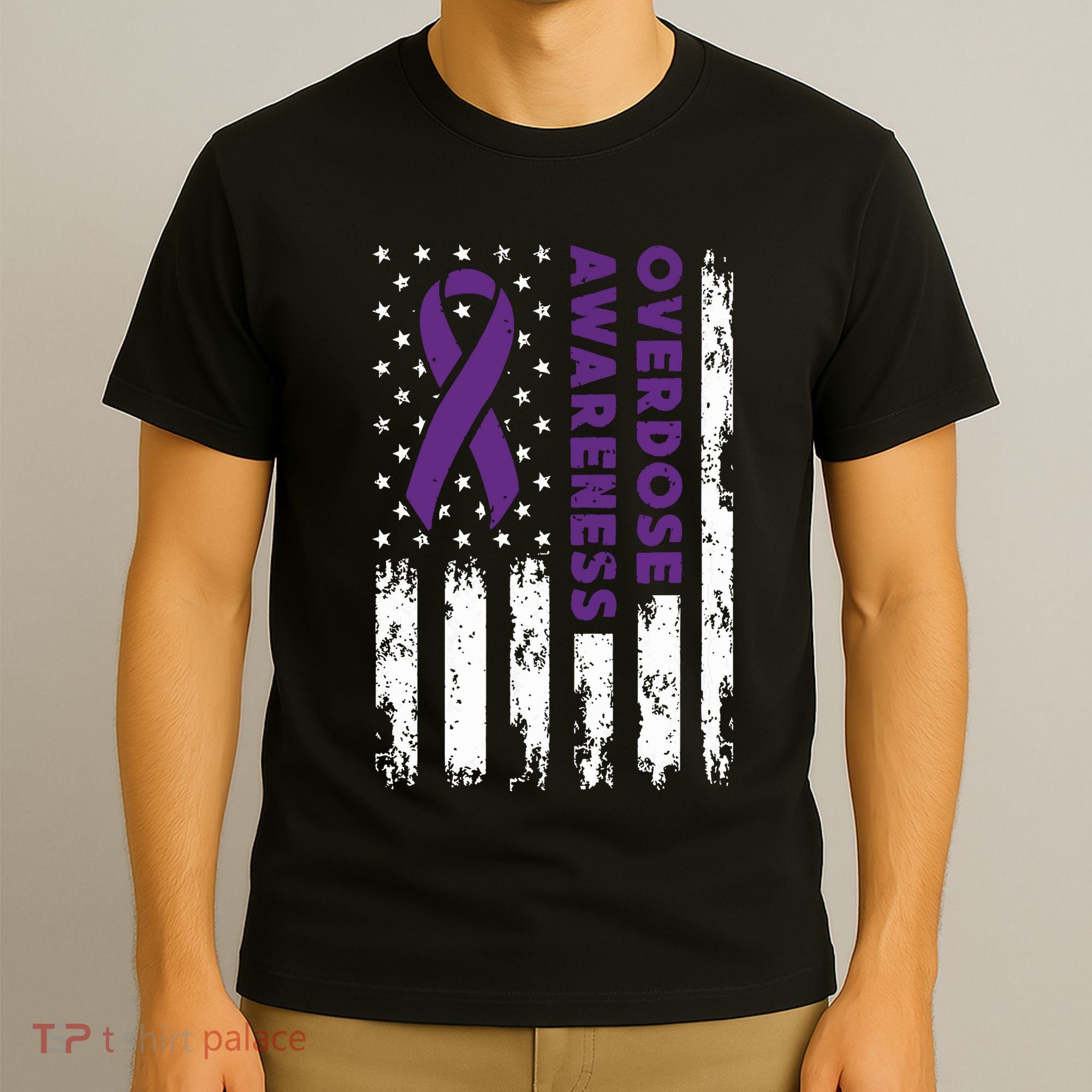 Overdose Awareness Flag Purple Ribbon Addiction Recovery T-Shirt