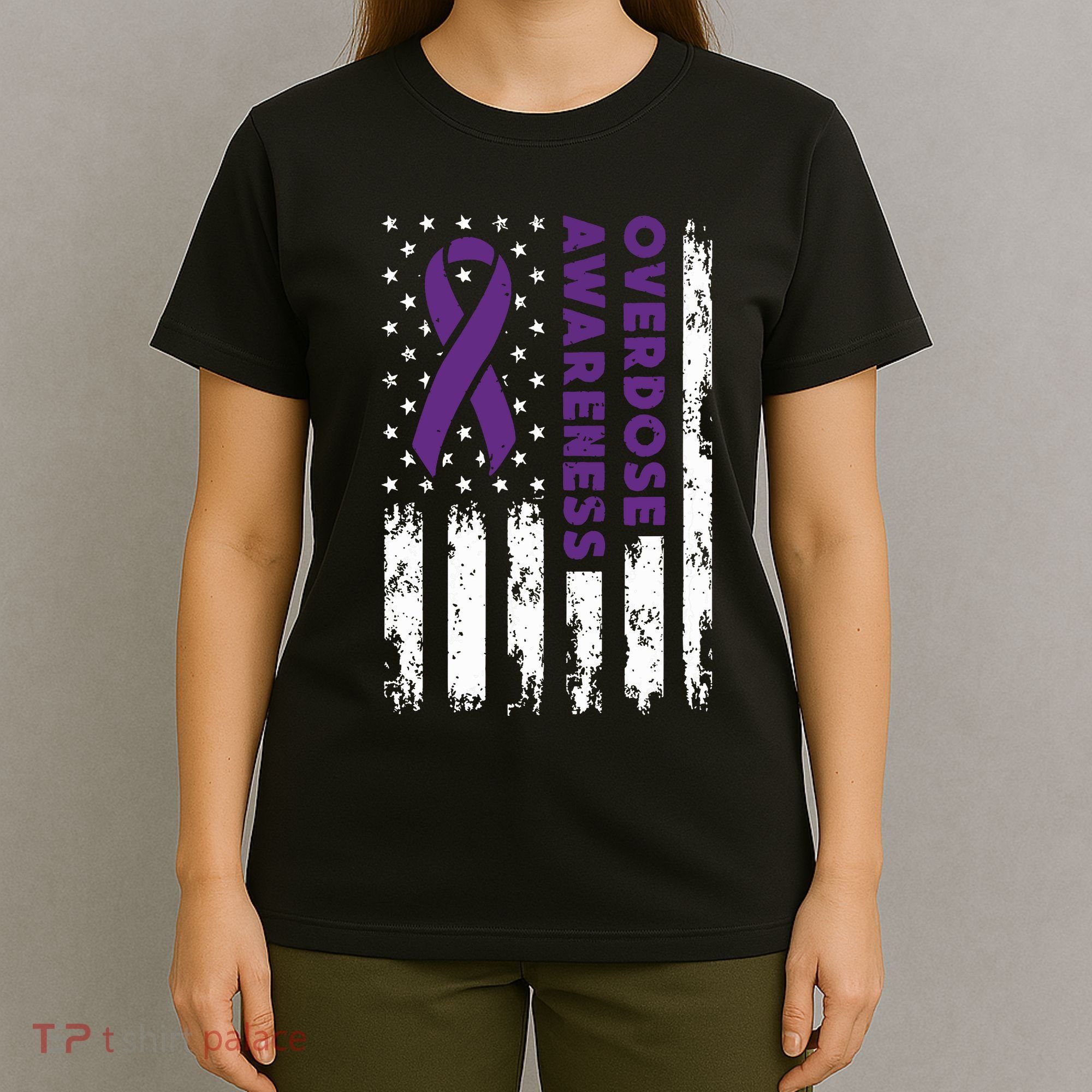 Overdose Awareness Flag Purple Ribbon Addiction Recovery T-Shirt