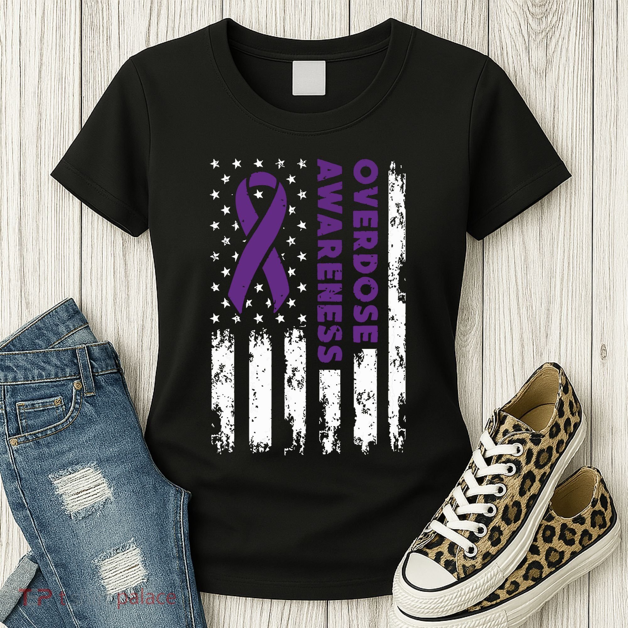 Overdose Awareness Flag Purple Ribbon Addiction Recovery Women's T-Shirt