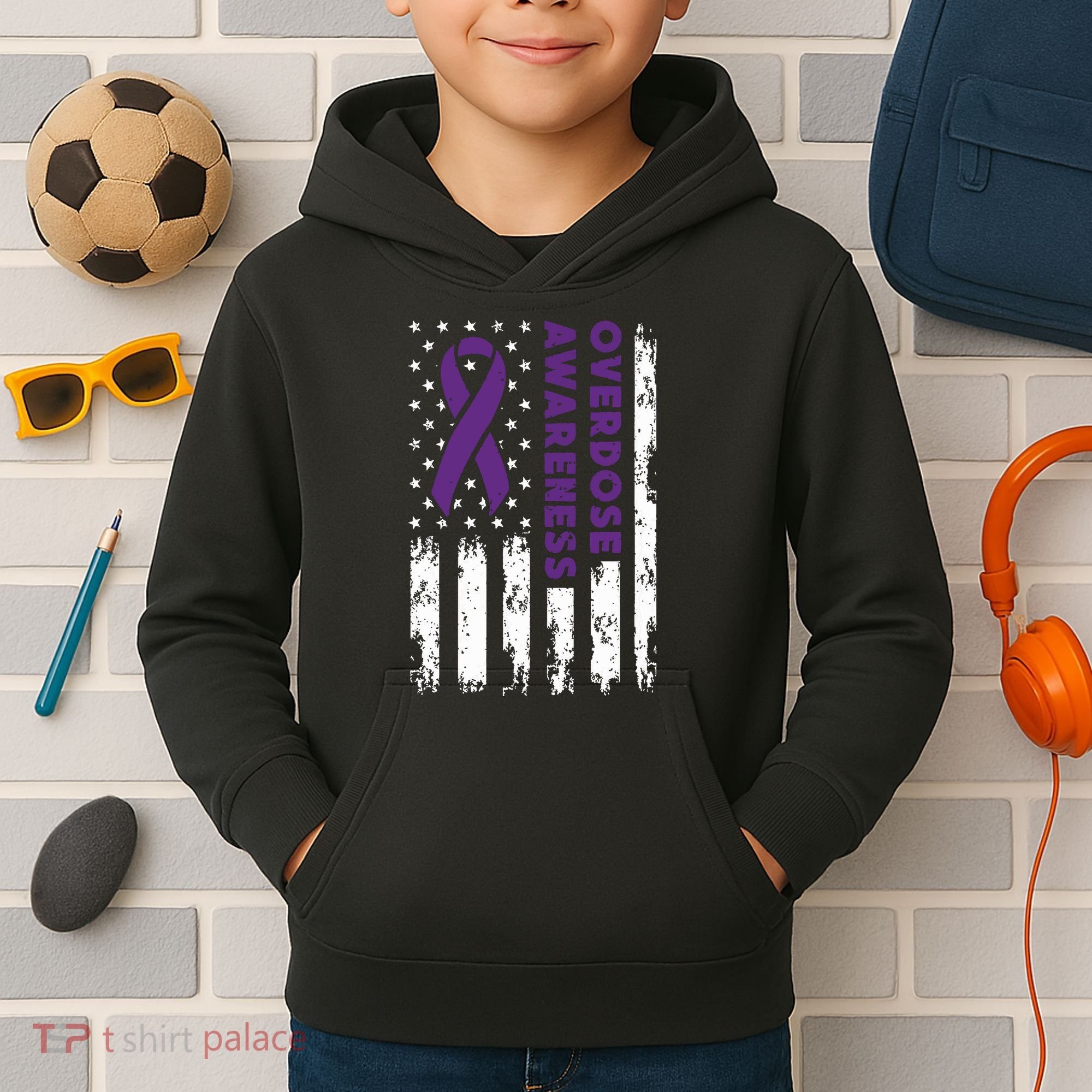 Overdose Awareness Flag Purple Ribbon Addiction Recovery Kids Hoodie