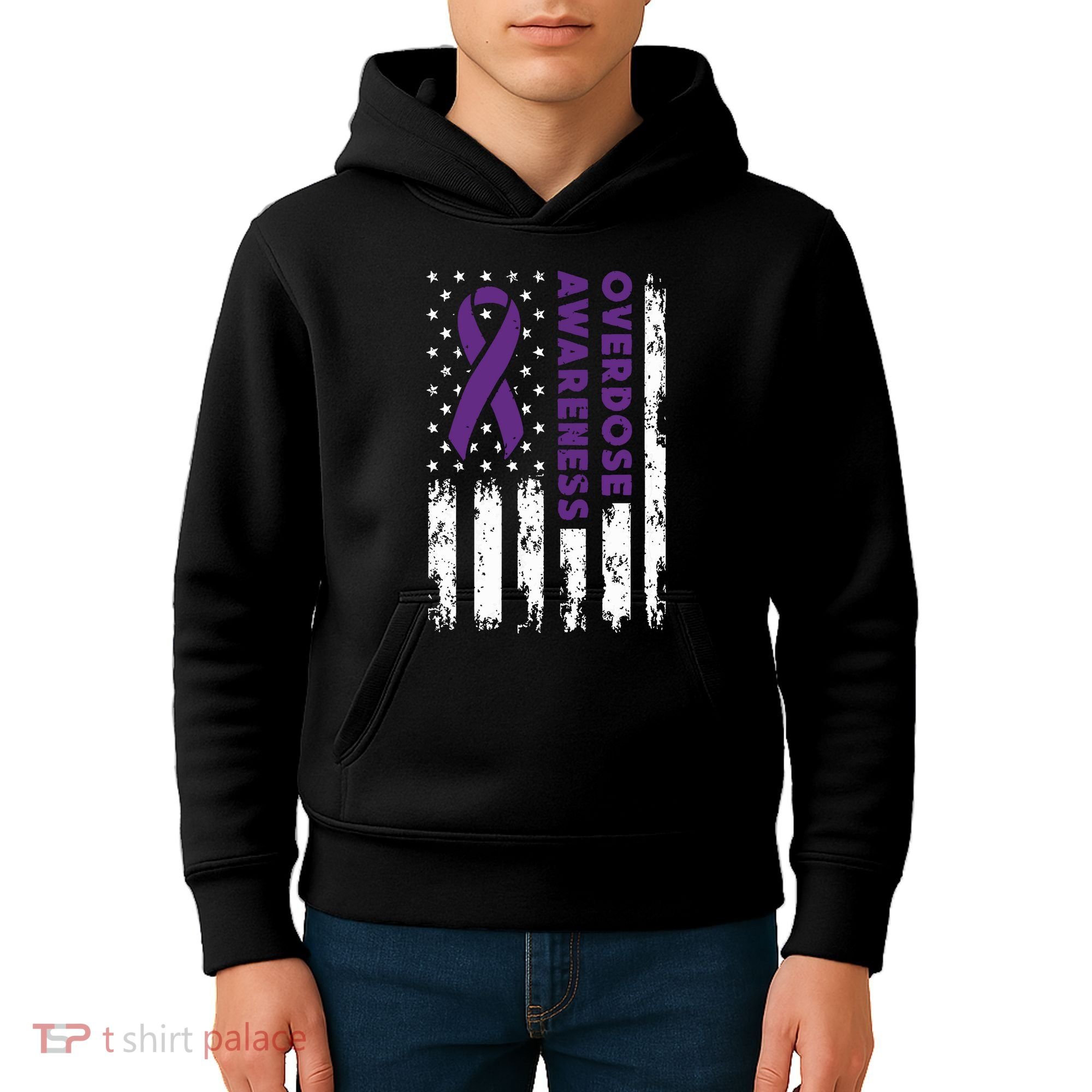 Overdose Awareness Flag Purple Ribbon Addiction Recovery Kids Hoodie