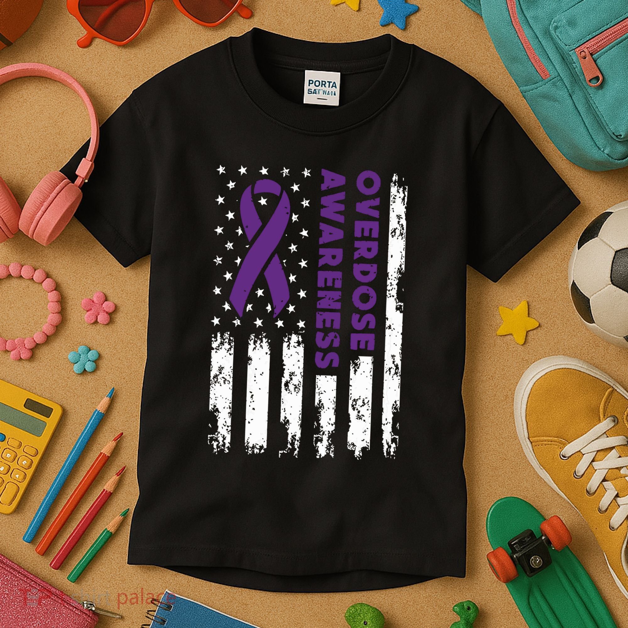 Overdose Awareness Flag Purple Ribbon Addiction Recovery Kids T-Shirt