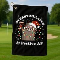 Overstimulated And Festive Af Raccoon Christmas Martini Bow Gift Golf Towel thumb 1