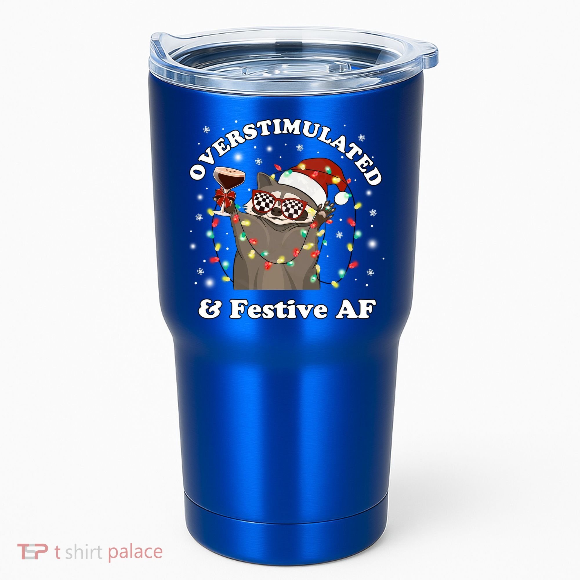 Overstimulated And Festive Af Raccoon Christmas Martini Bow Gift Tumbler