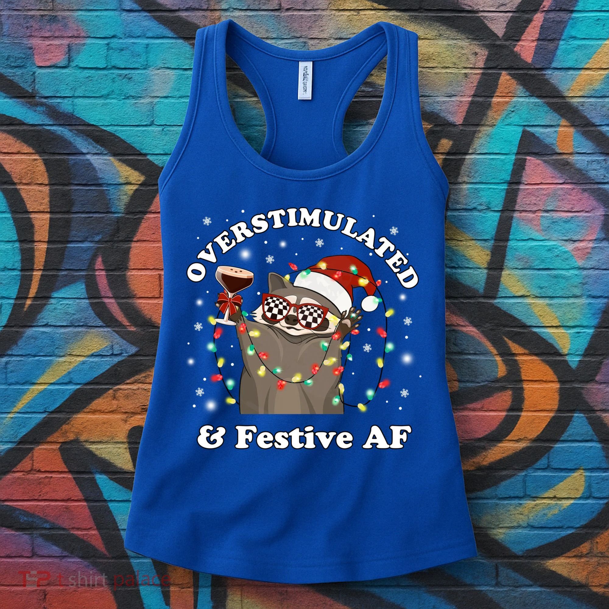 Overstimulated And Festive Af Raccoon Christmas Martini Bow Gift Women's Tank Top