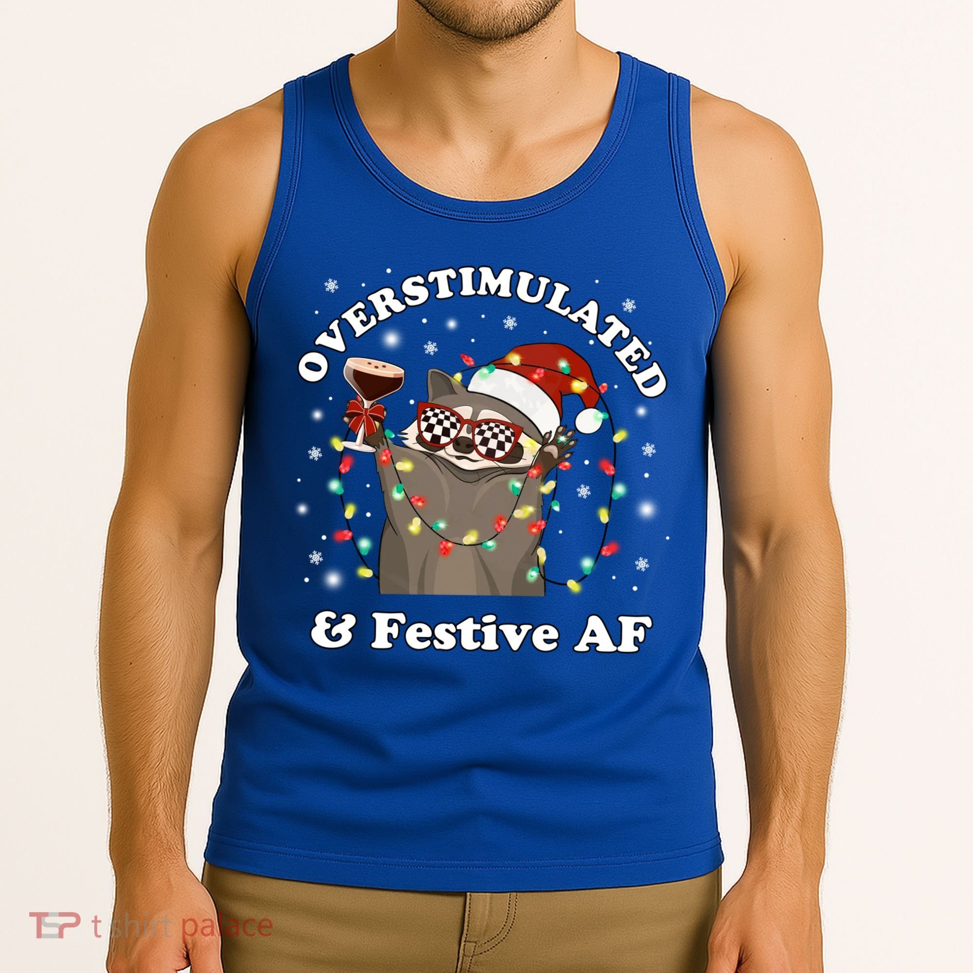 Overstimulated And Festive Af Raccoon Christmas Martini Bow Gift Tank Top