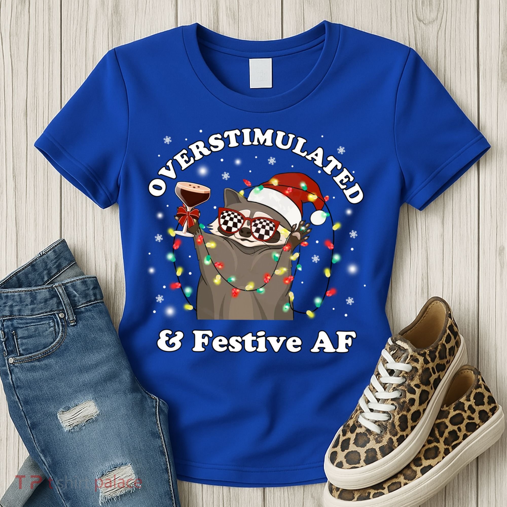 Overstimulated And Festive Af Raccoon Christmas Martini Bow Gift Women's T-Shirt