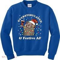 Overstimulated And Festive Af Raccoon Christmas Martini Bow Gift Kids Sweatshirt thumb 0