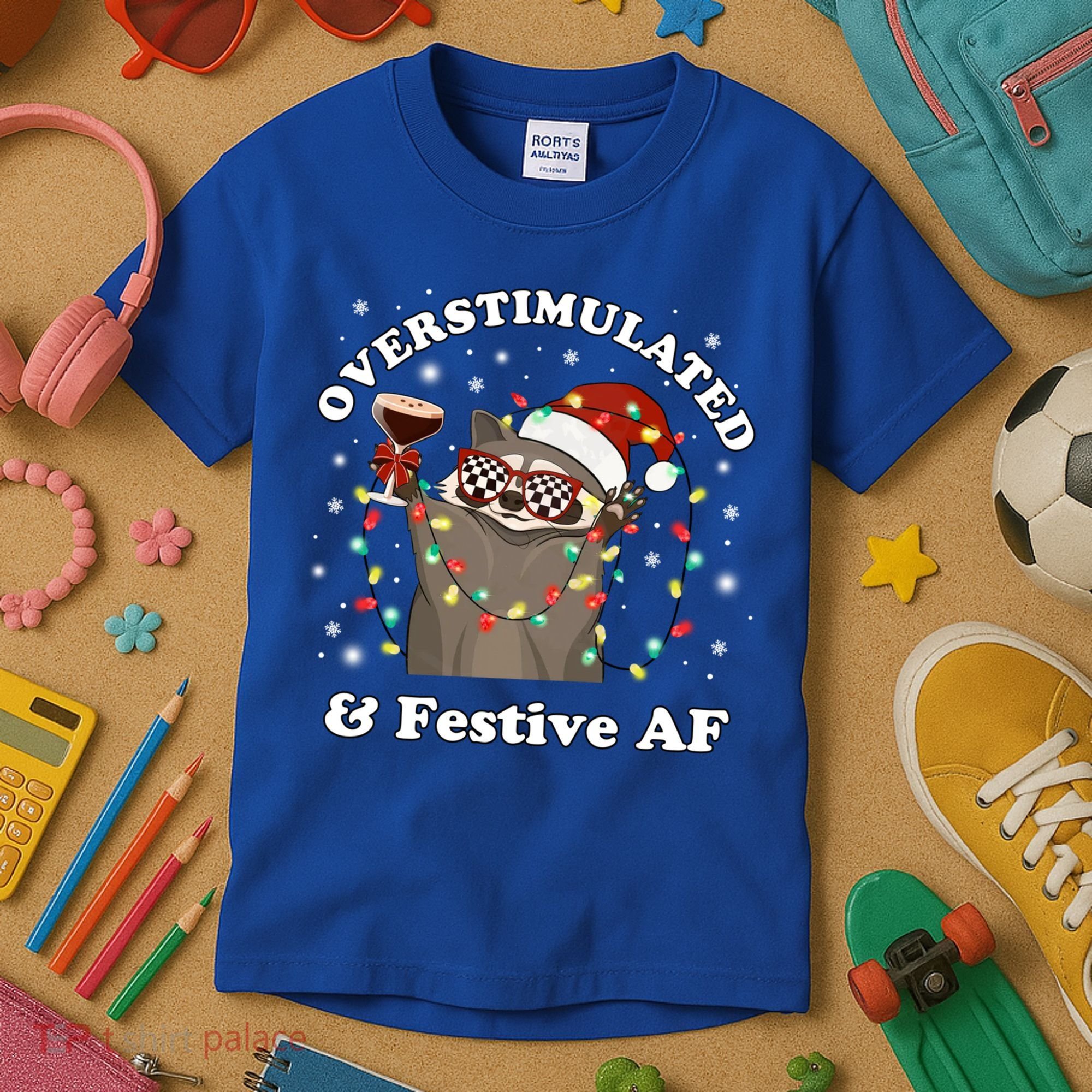 Overstimulated And Festive Af Raccoon Christmas Martini Bow Gift Kids T-Shirt