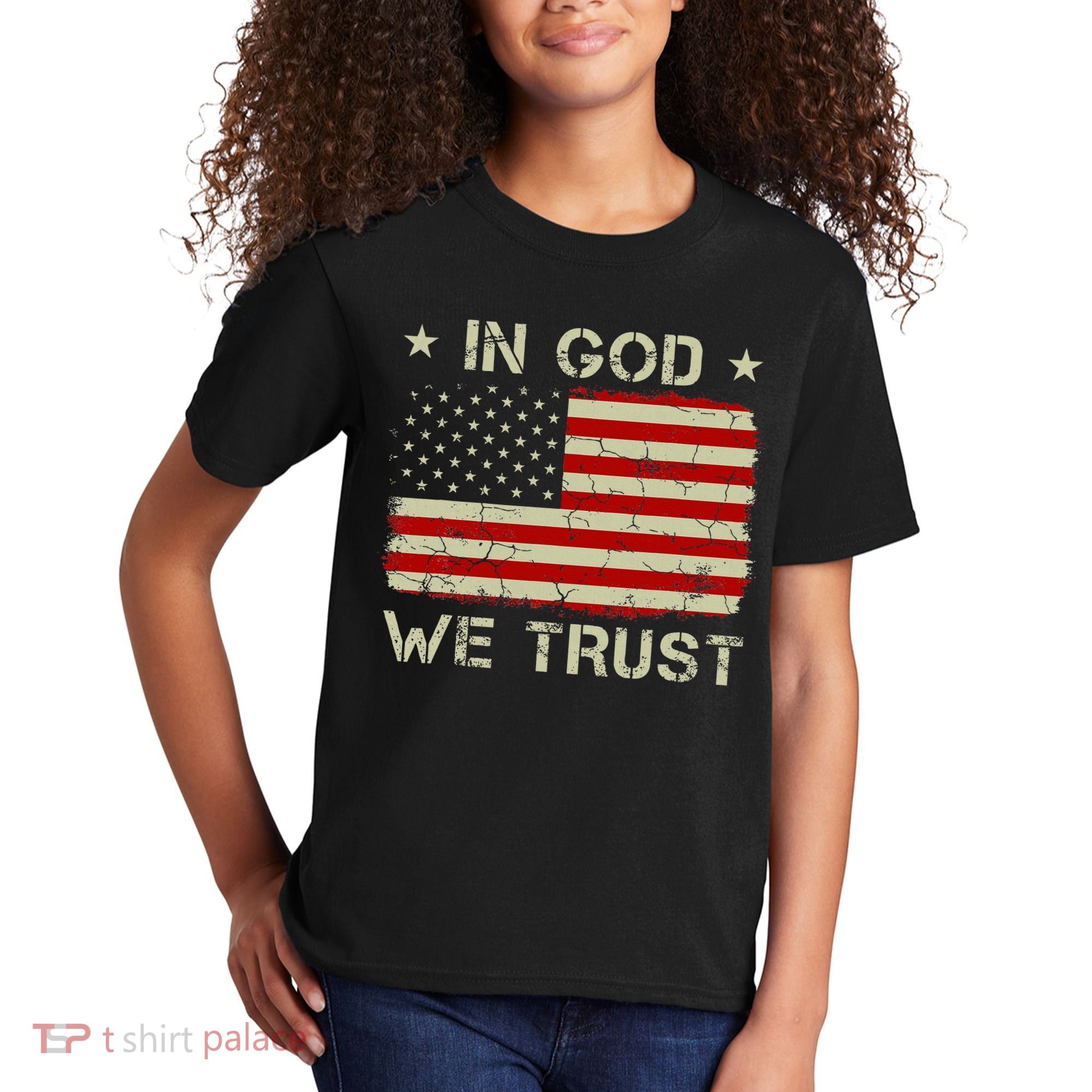 Old American Flag In God We Trust Christian Kids T-Shirt