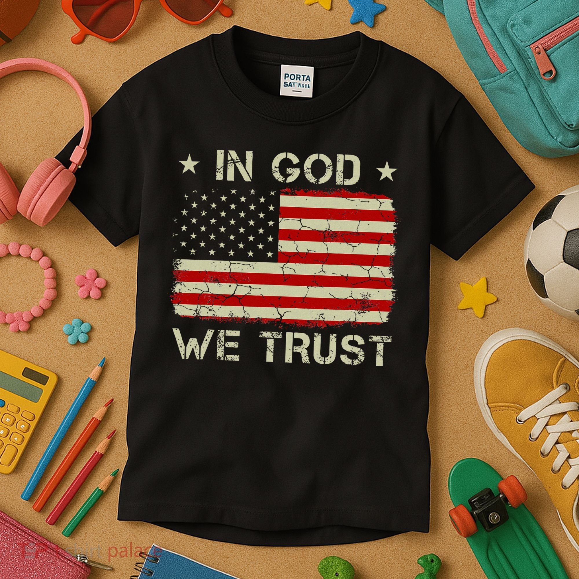 Old American Flag In God We Trust Christian Kids T-Shirt