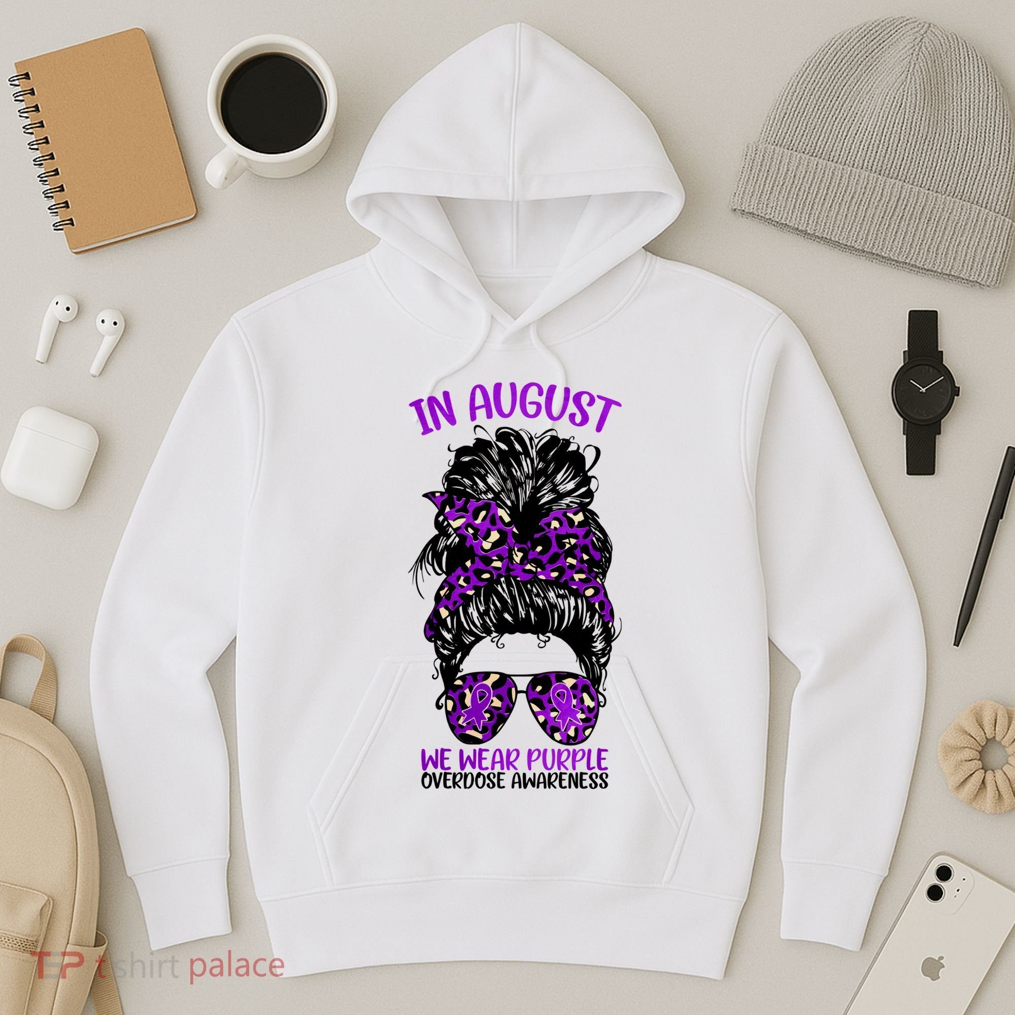 Overdose Awareness In August We Wear Purple Messy Bun Hoodie