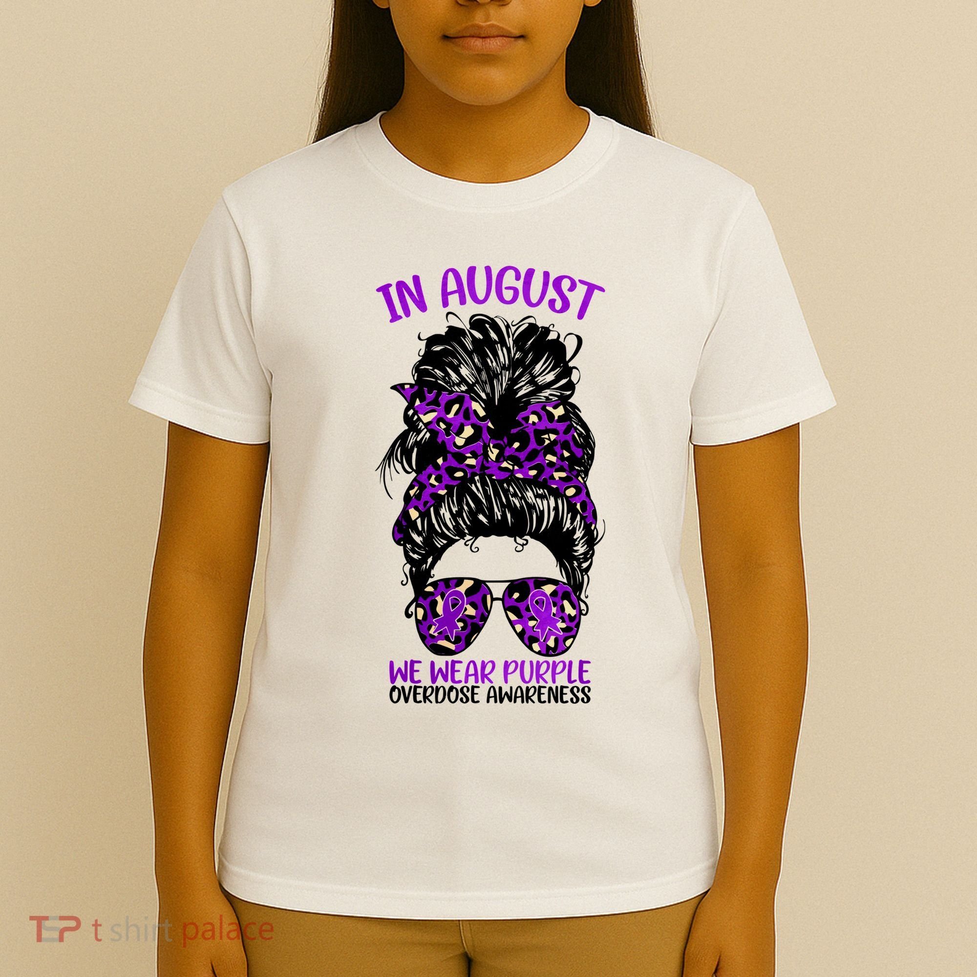 Overdose Awareness In August We Wear Purple Messy Bun T-Shirt