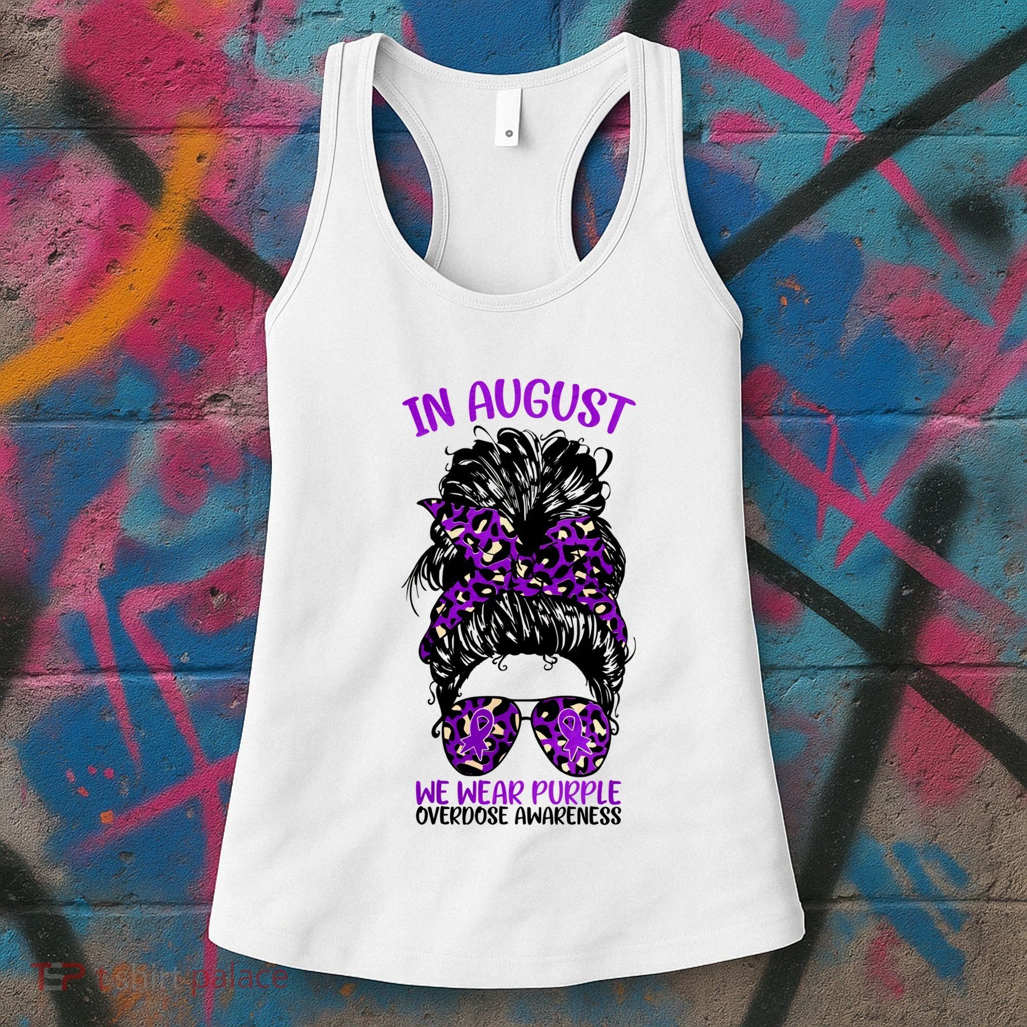 Overdose Awareness In August We Wear Purple Messy Bun Women's Tank Top