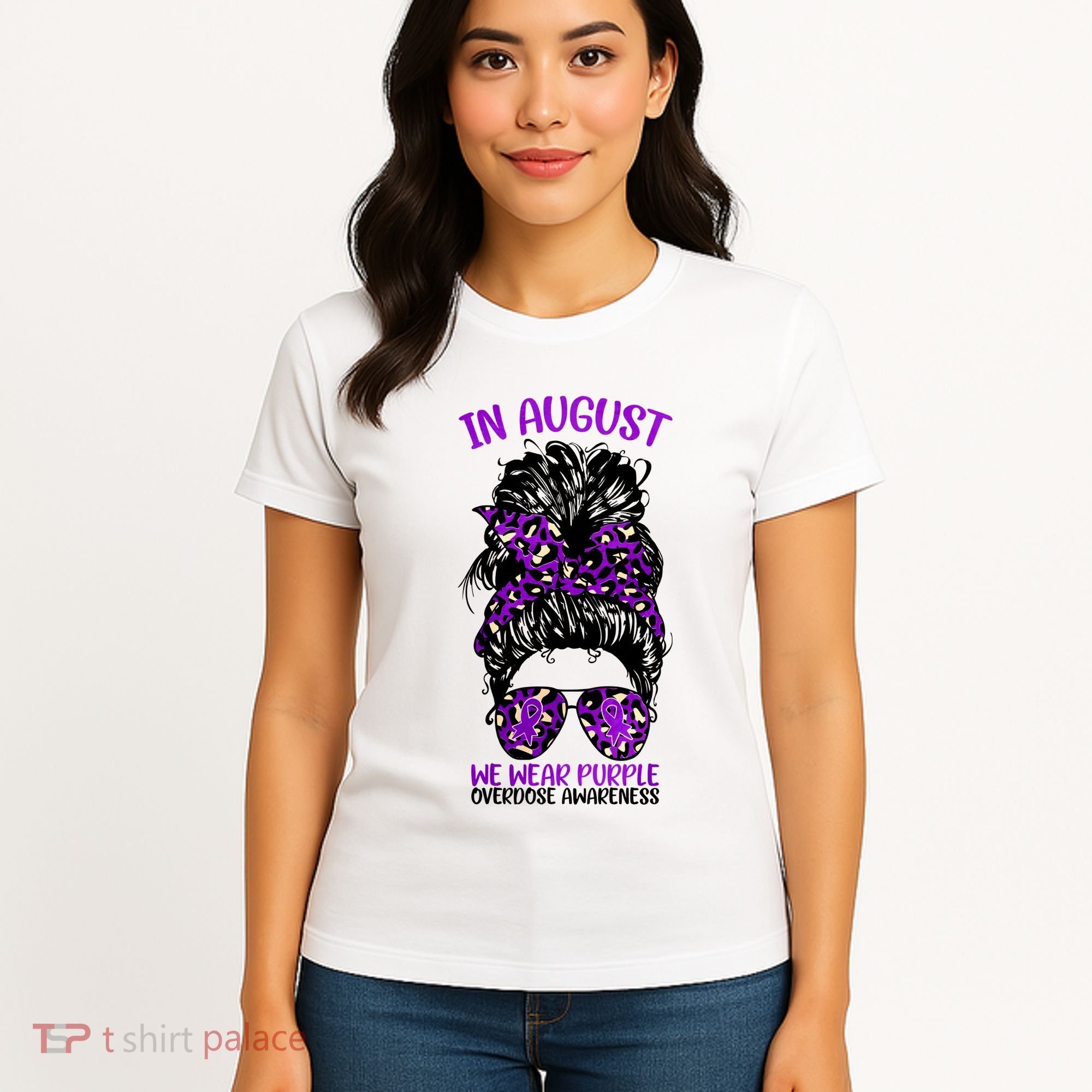 Overdose Awareness In August We Wear Purple Messy Bun Women's T-Shirt