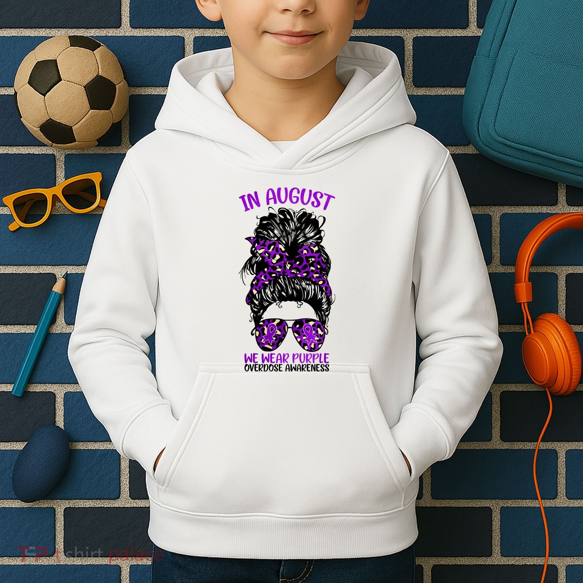 Overdose Awareness In August We Wear Purple Messy Bun Kids Hoodie