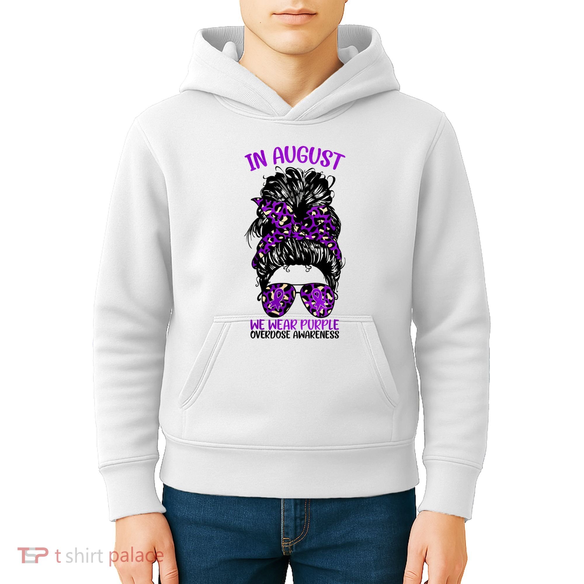 Overdose Awareness In August We Wear Purple Messy Bun Kids Hoodie