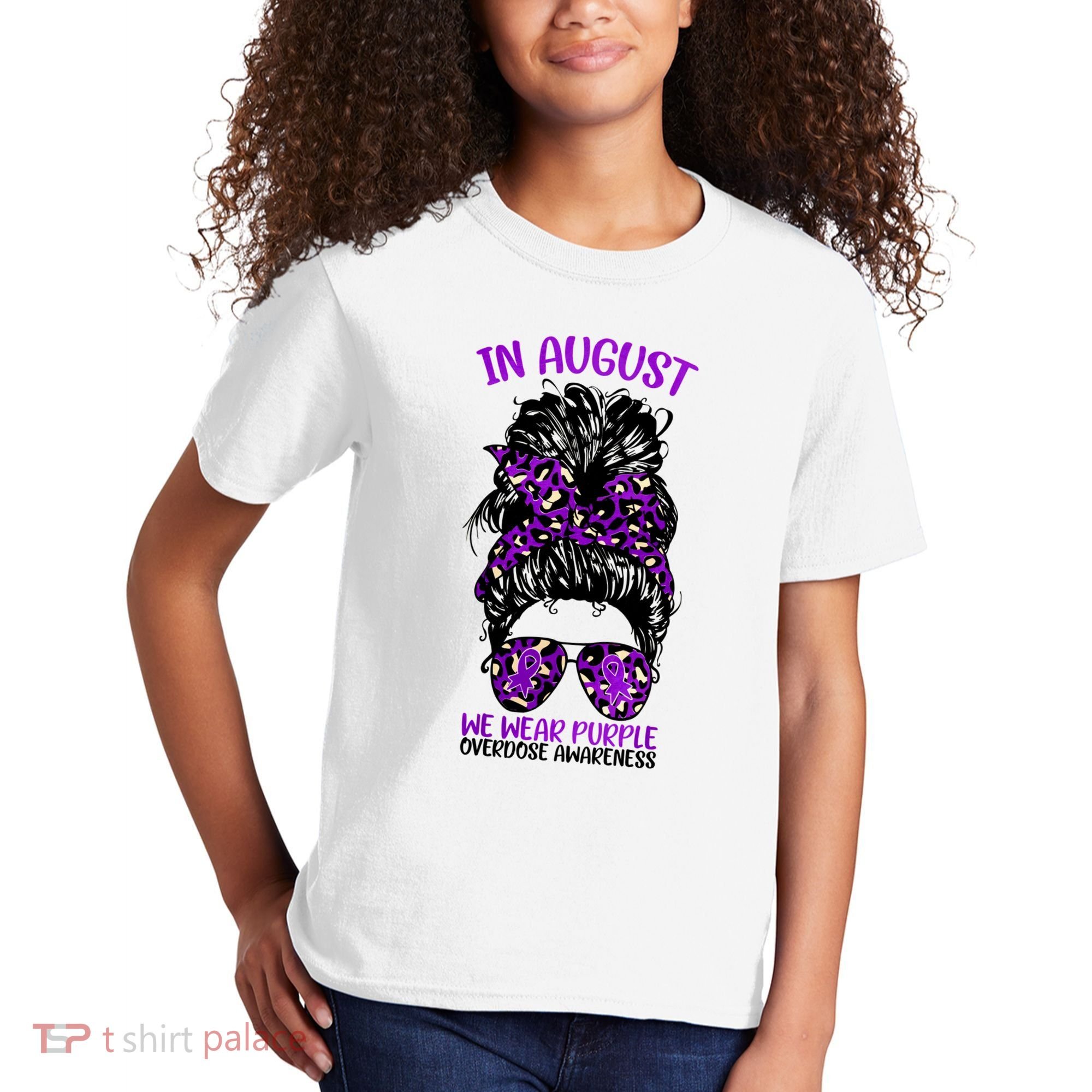 Overdose Awareness In August We Wear Purple Messy Bun Kids T-Shirt