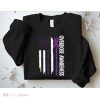 Overdose Awareness Noone Fights Alone Purple Ribbon Flag Sweatshirt thumb 2