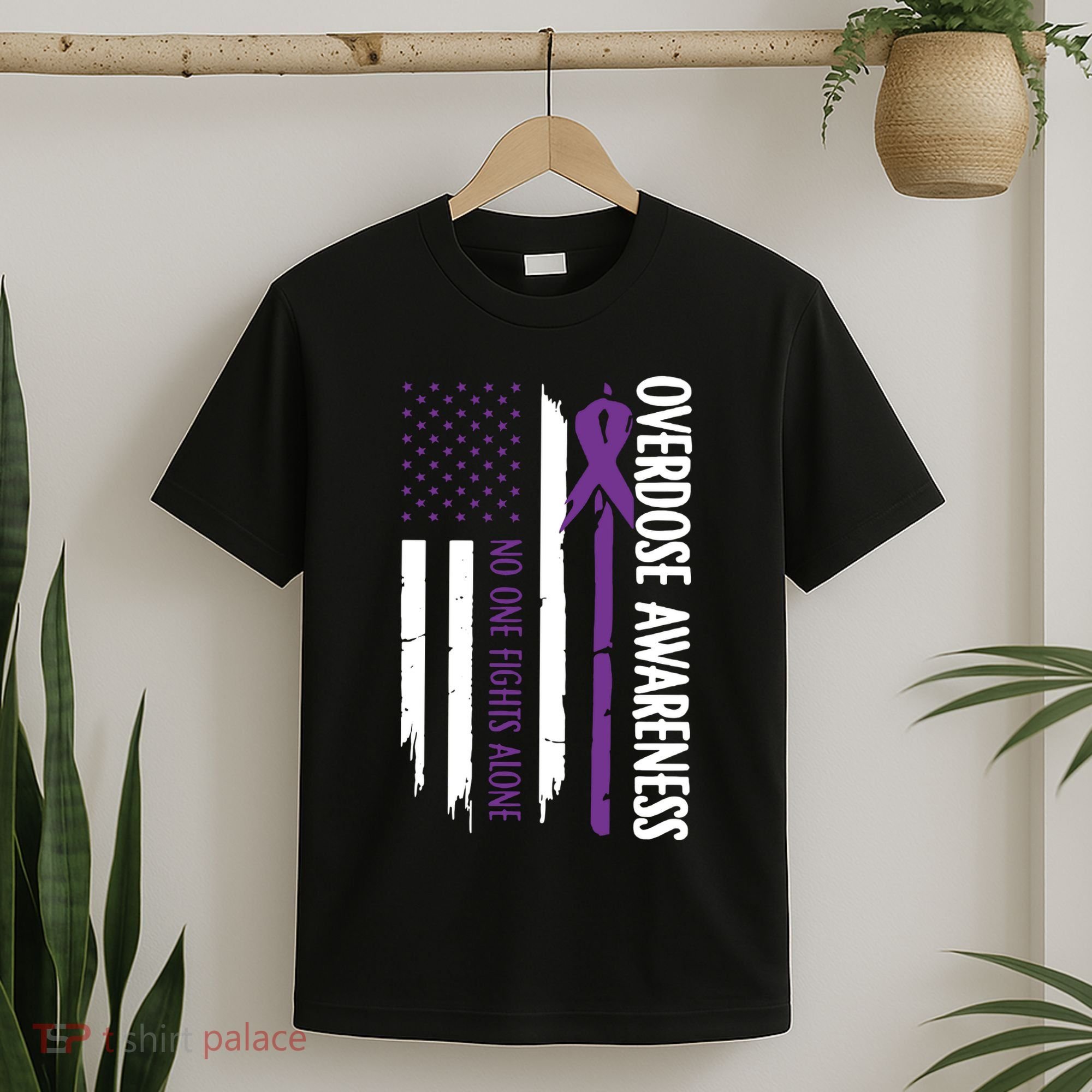 Overdose Awareness Noone Fights Alone Purple Ribbon Flag T-Shirt