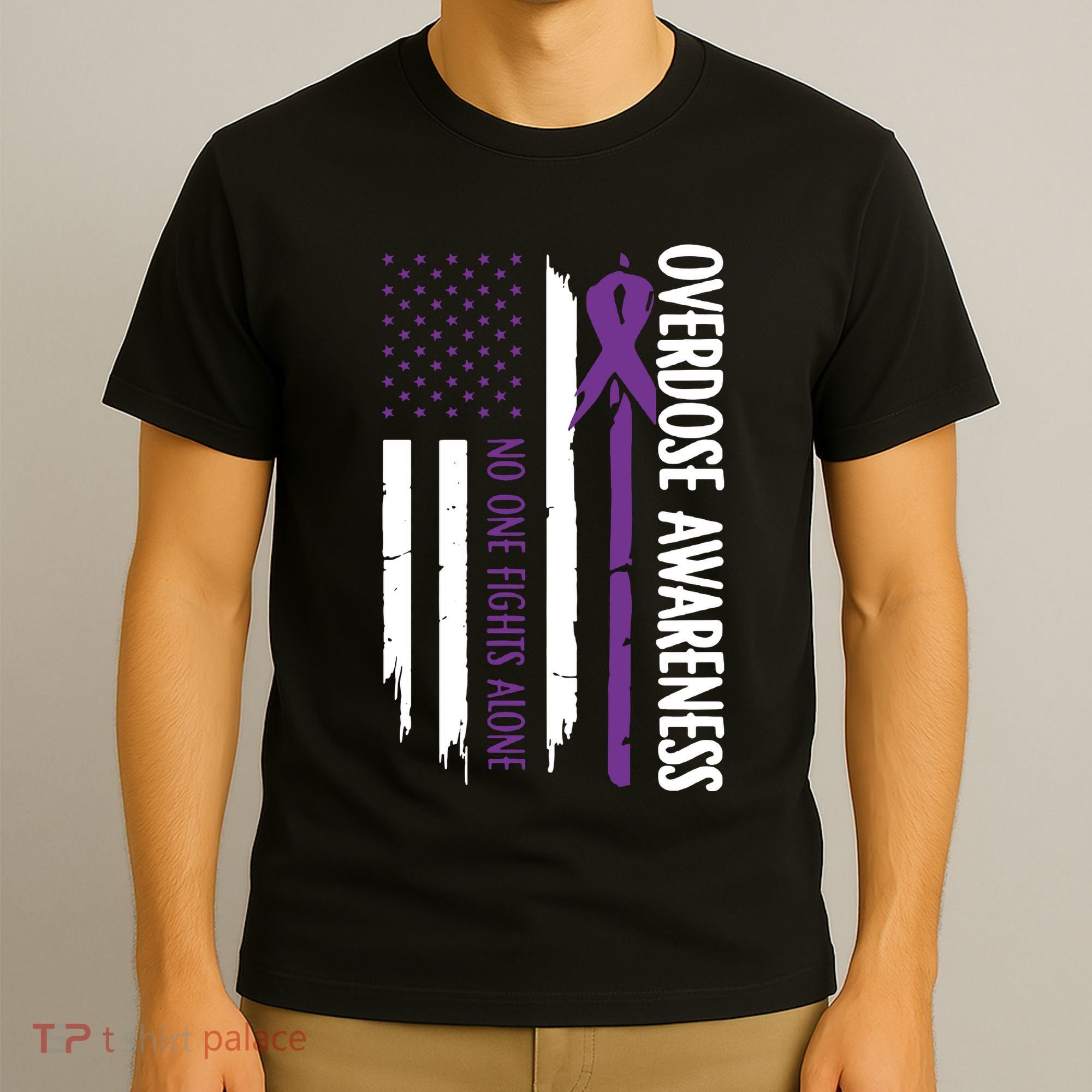 Overdose Awareness Noone Fights Alone Purple Ribbon Flag T-Shirt