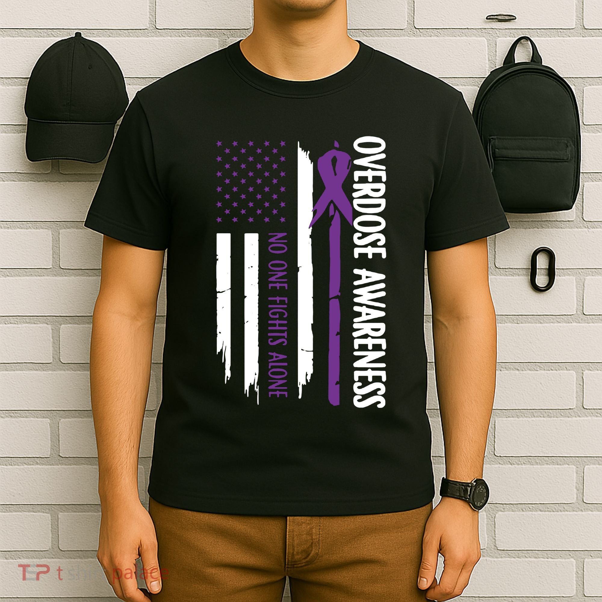 Overdose Awareness Noone Fights Alone Purple Ribbon Flag T-Shirt