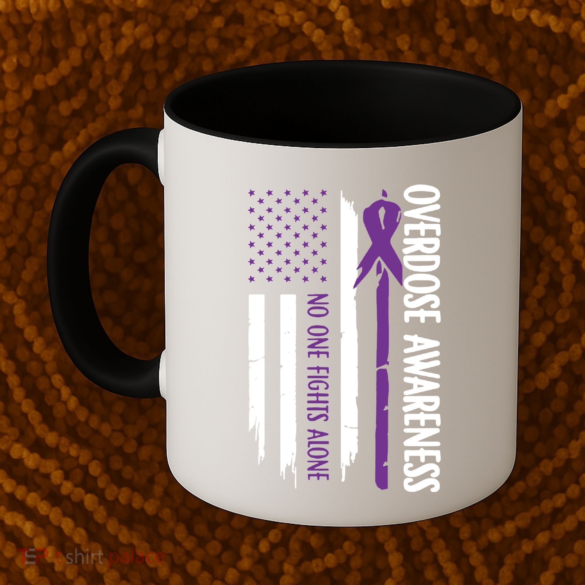 Overdose Awareness Noone Fights Alone Purple Ribbon Flag Coffee Mug