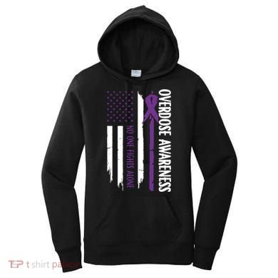 Overdose Awareness Noone Fights Alone Purple Ribbon Flag Women's Hoodie