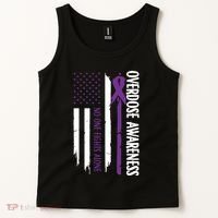 Overdose Awareness Noone Fights Alone Purple Ribbon Flag Tank Top thumb 2