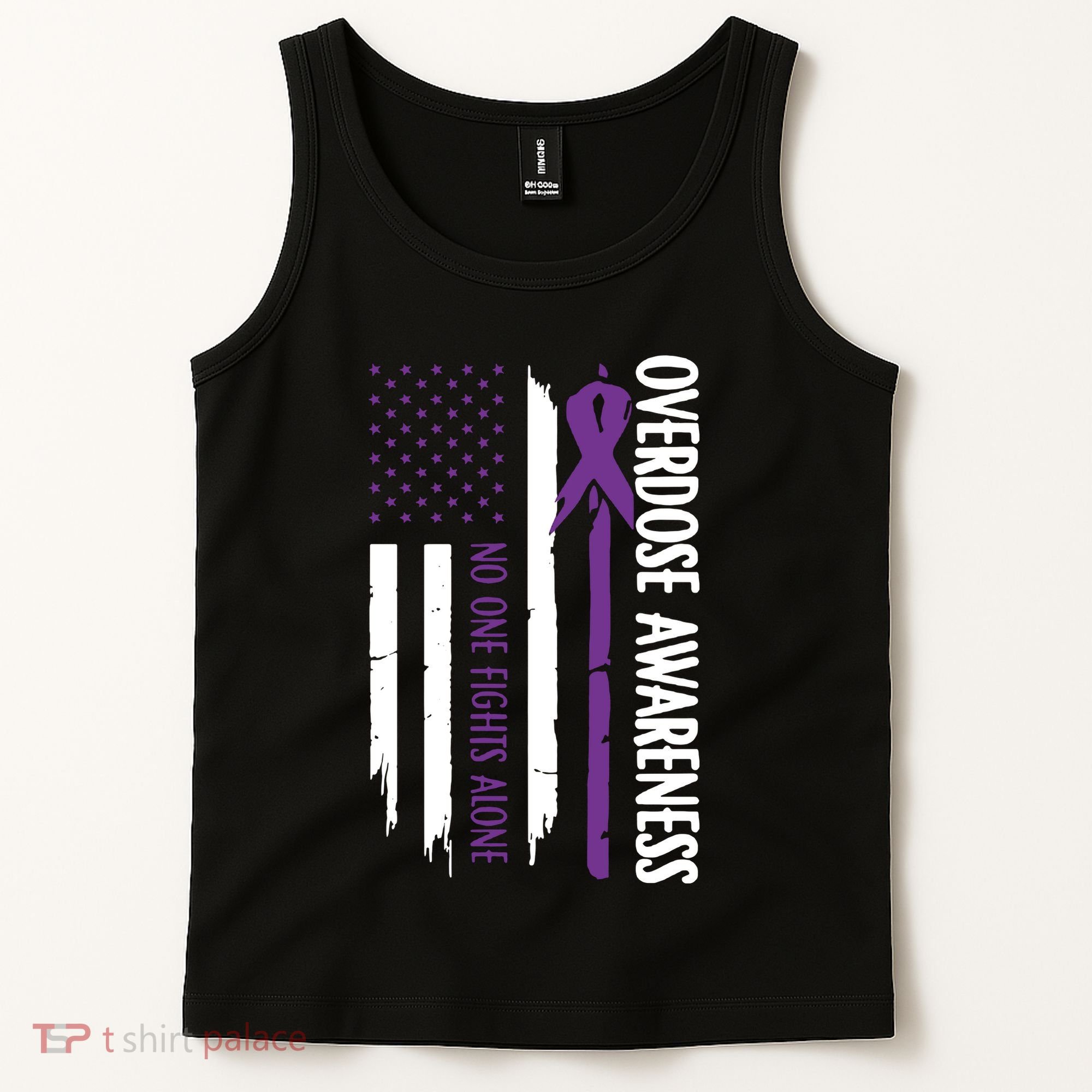Overdose Awareness Noone Fights Alone Purple Ribbon Flag Tank Top