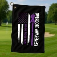 Overdose Awareness Noone Fights Alone Purple Ribbon Flag Golf Towel thumb 1