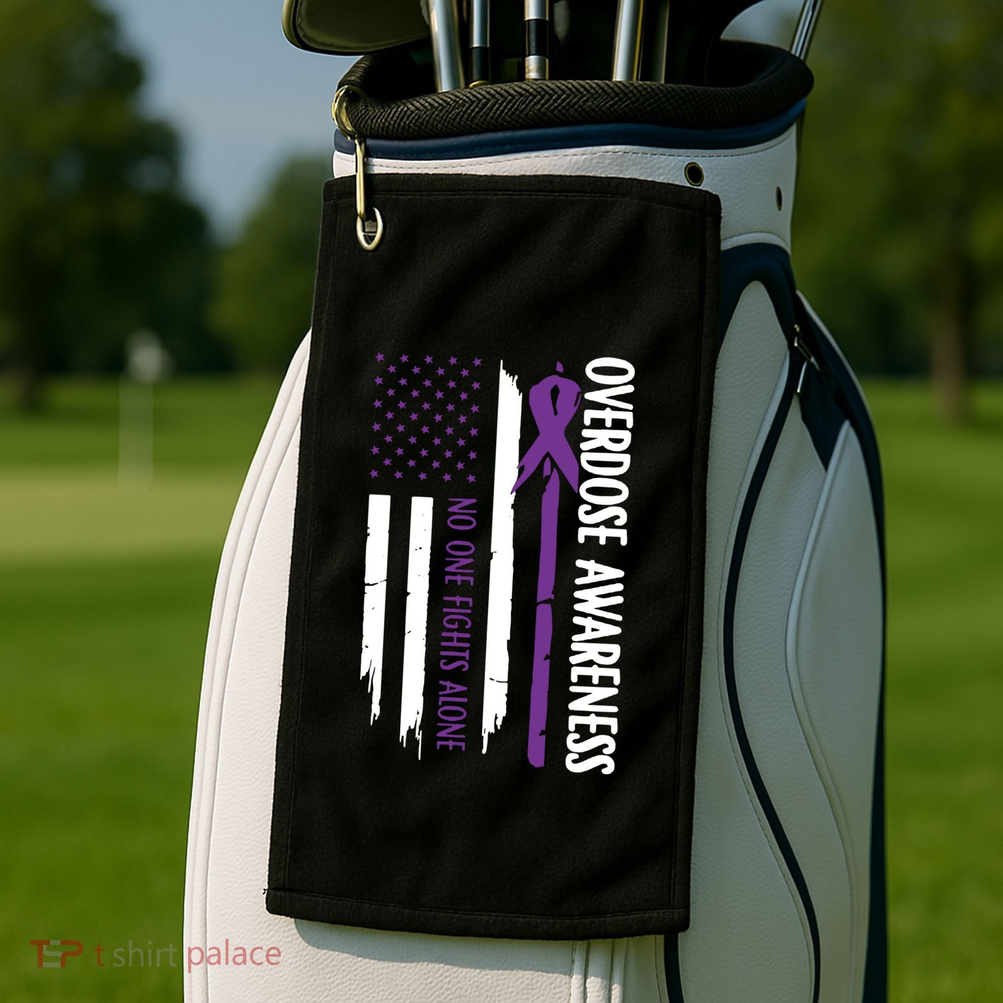 Overdose Awareness Noone Fights Alone Purple Ribbon Flag Golf Towel