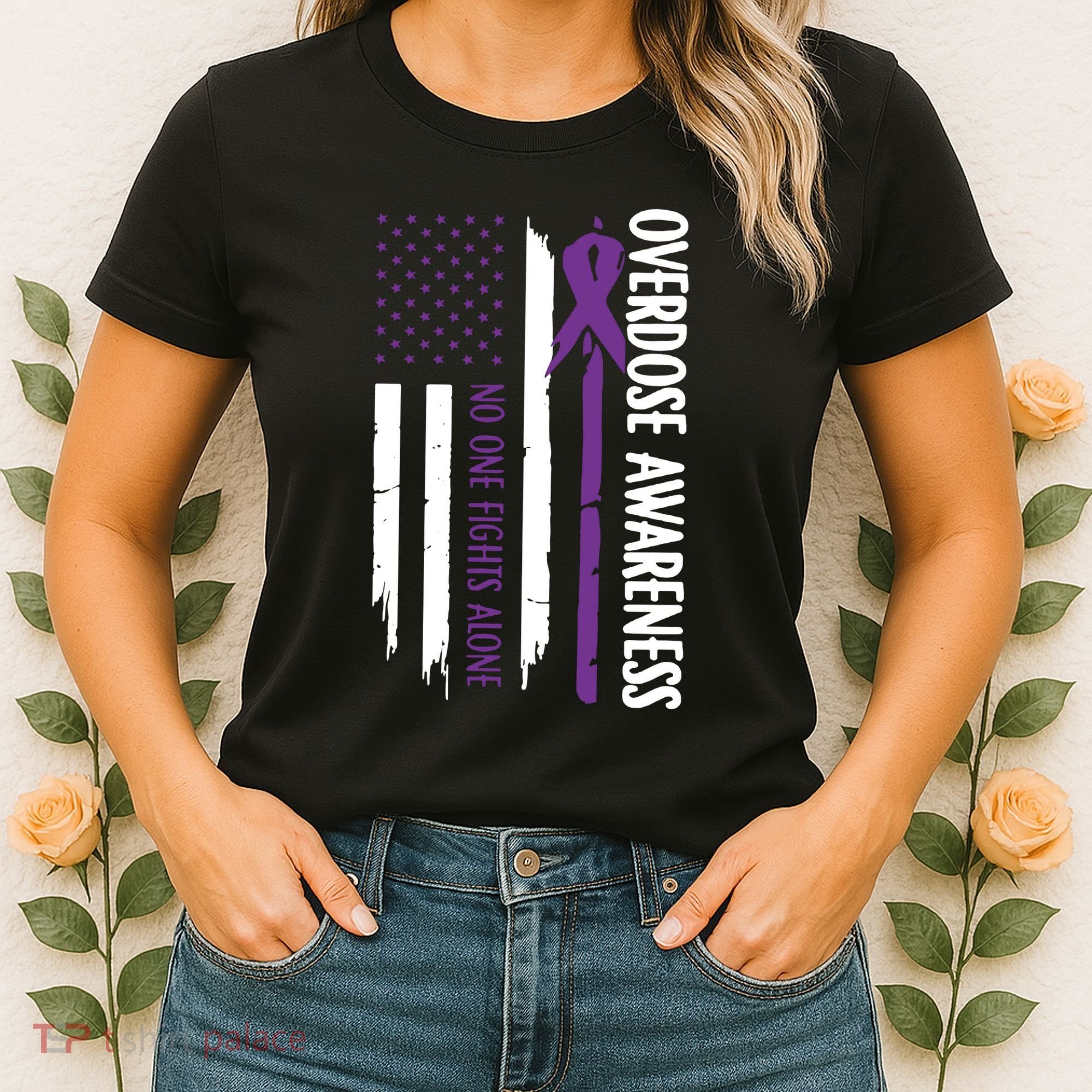 Overdose Awareness Noone Fights Alone Purple Ribbon Flag Women's T-Shirt